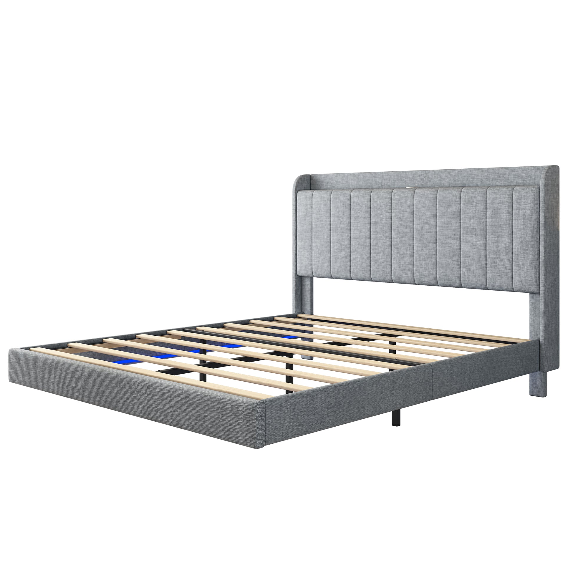 Queen Size Floating Bed Frame,With Remote Control Led Lights With Appwood Platform Light Grey Queen Light Grey Fabric Metal