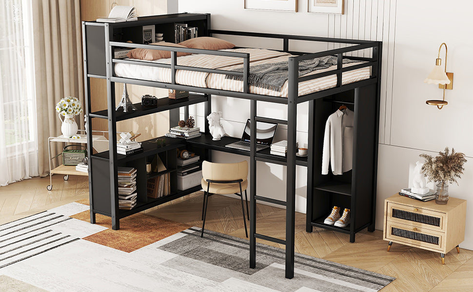 Metal Loft Bed With Wardrobe And L Shaped Desk, Full Size Loft Bed With Storage Cubes And Shelves, Heavy Duty Loft Bed For Kids Teens Adults, Black Pre Sale Date: August 10Th Full Black Metal