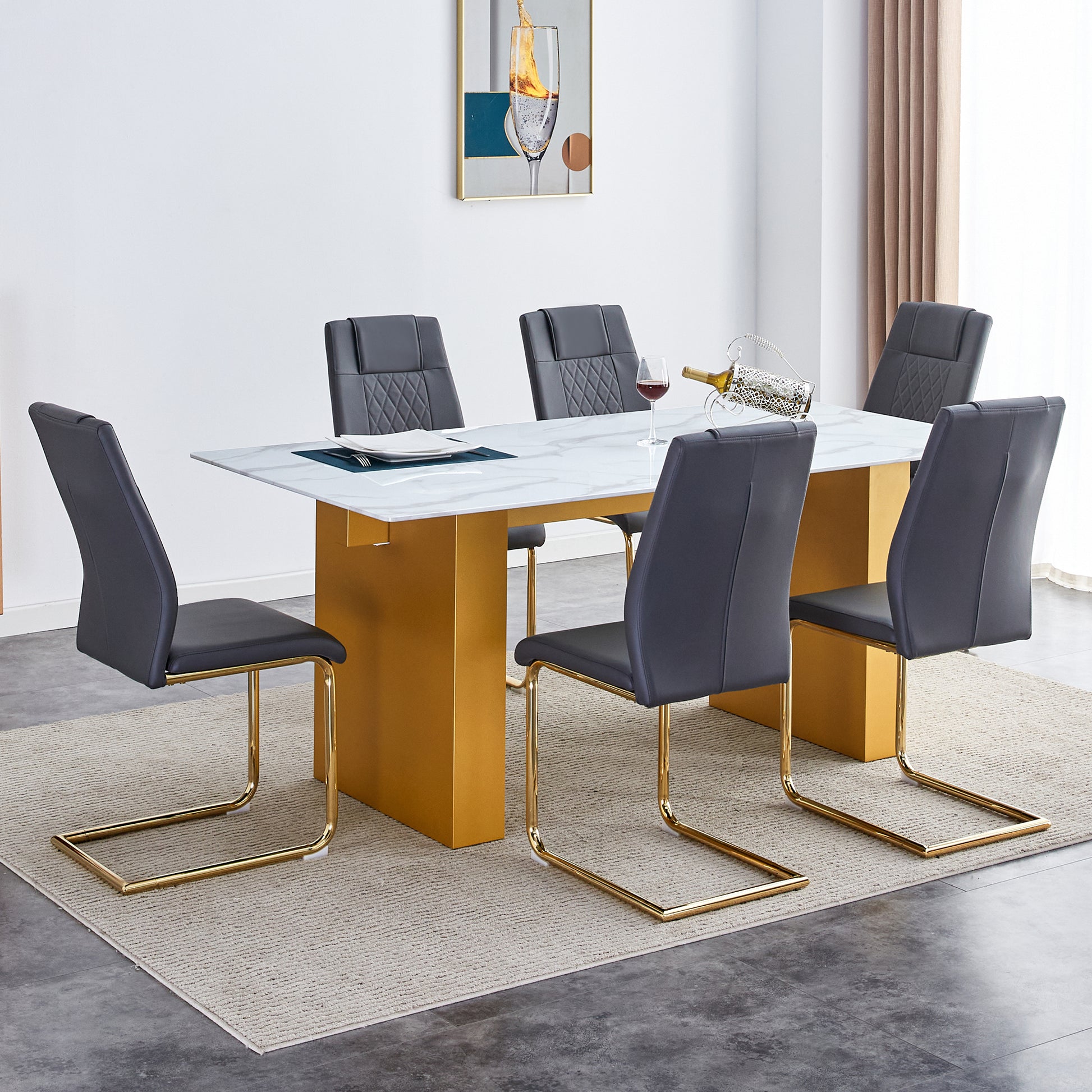 Table And Chair Set.Large Modern Rectangular Table With 0.4 Inch Patterned Glass Tabletop And Large Mdf Table Legs.Comes With 6 Chairs With Faux Leather Cushioned Seats And Golden Metal Legs. Gold White Seats 6 Mdf Glass