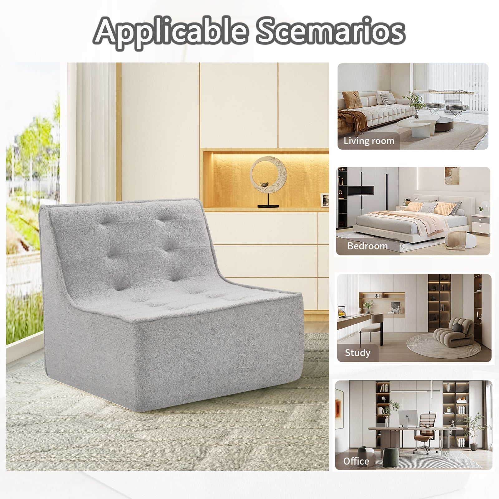 Fireside Chair, Lazy Floor Sofa Couch, Teddy Velvet Bean Bag Chair, Tatami Sofa With High Resilience Foam For Living Room, Bedroom, Office Salon, Gray Gray Soft Foam Foam,Teddy