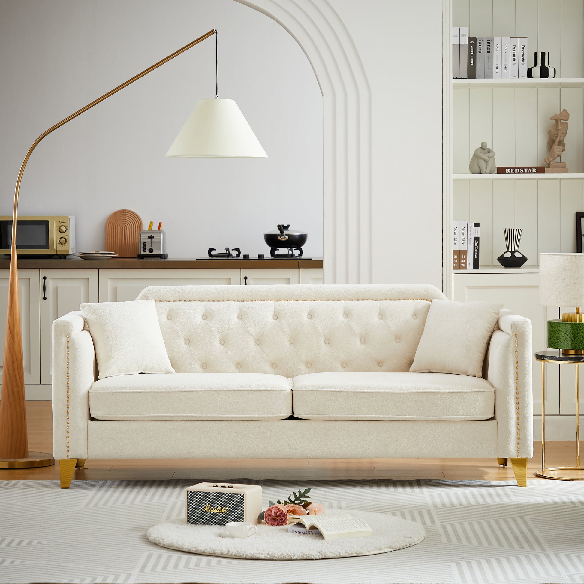 Fx 81"Mid Century Design Modern Sofa,Chenille Pull Buckle Design Sofa For Living Room,Buttons Tufted With Copper Nail Decoration Armrest, With 2 Pillows,Modern Couch Upholstered Button And Metal Leg Beige Chenille Pine Foam Fabric 3 Seat