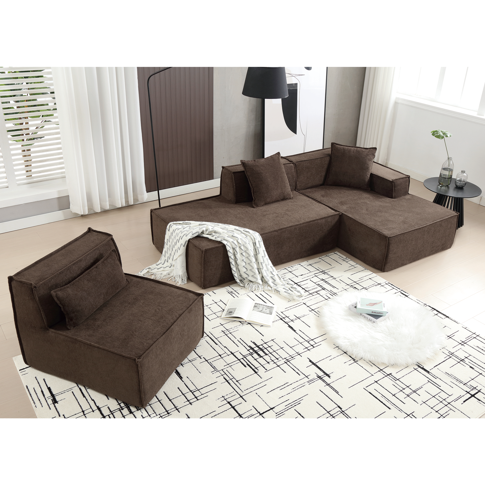 Modular Combination Living Room Sofa Set, Modern Minimalist Sofa, Free Installation Sofa, L Shaped, Italian Minimalist Tofu Block Sofa,Right Hand Facing, Terrycloth Fabric,Dark Brown Dark Brown Polyester Primary Living Space Soft Modern Polyester 3 Seat