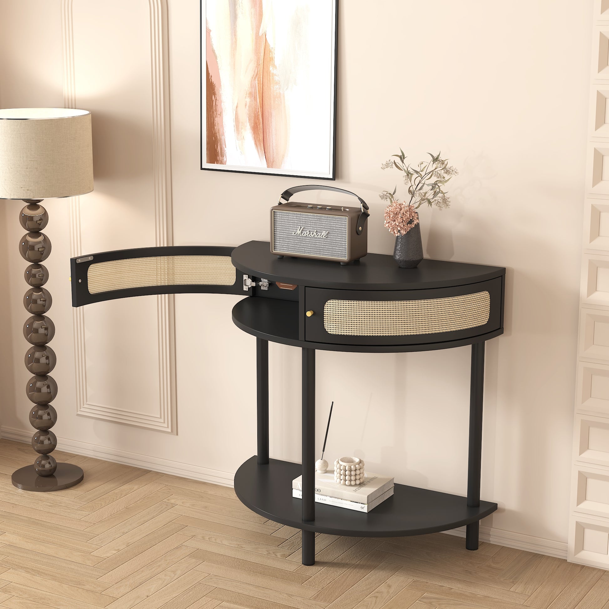 Unique Half Moon Design End Table With Rattan Door,Elegant Semicircle Sofa Side Table With 2 Rattan Storage Cabinet And Bottom Shelf For Living Room, Bedroom Black Primary Living Space Boho Freestanding Semicircular Drawers Coffee & End Tables Polished