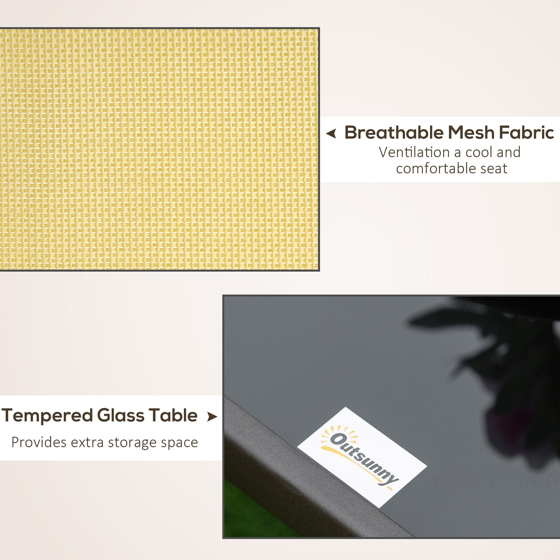 Outsunny 3 Piece Outdoor Gliders Set Bistro Set With Steel Frame, Tempered Glass Top Table For Patio, Garden, Backyard, Lawn, Beige Beige Fabric Metal