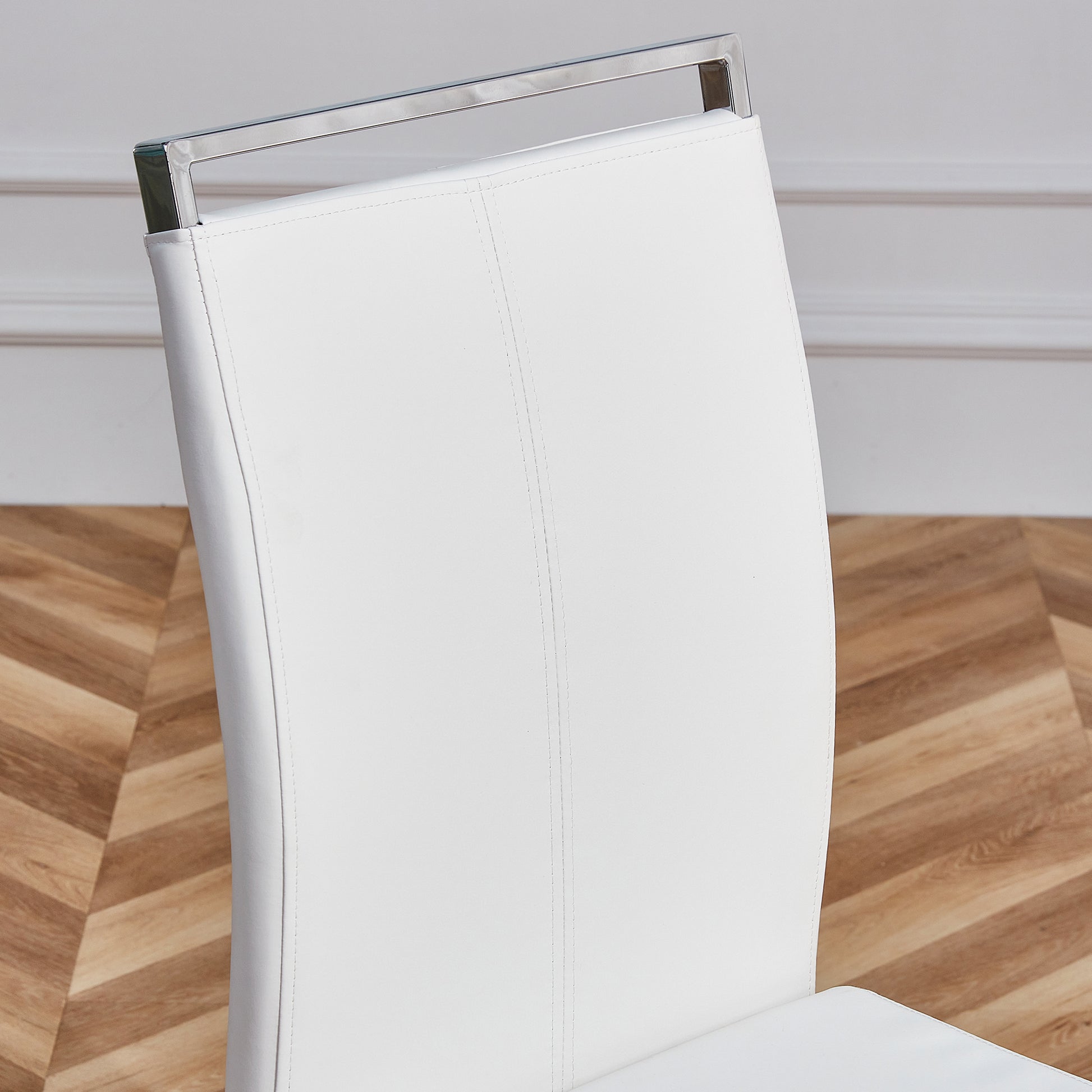 Table And Chair Set.A Rustic Industrial Rectangular Mdf Black Dining Table With Mdf Desktop And Electroplated Silver Metal Legs.Paried With 4 Chairs With Pu Cushion And Metal Legs. White Black Seats 4 Mdf Metal