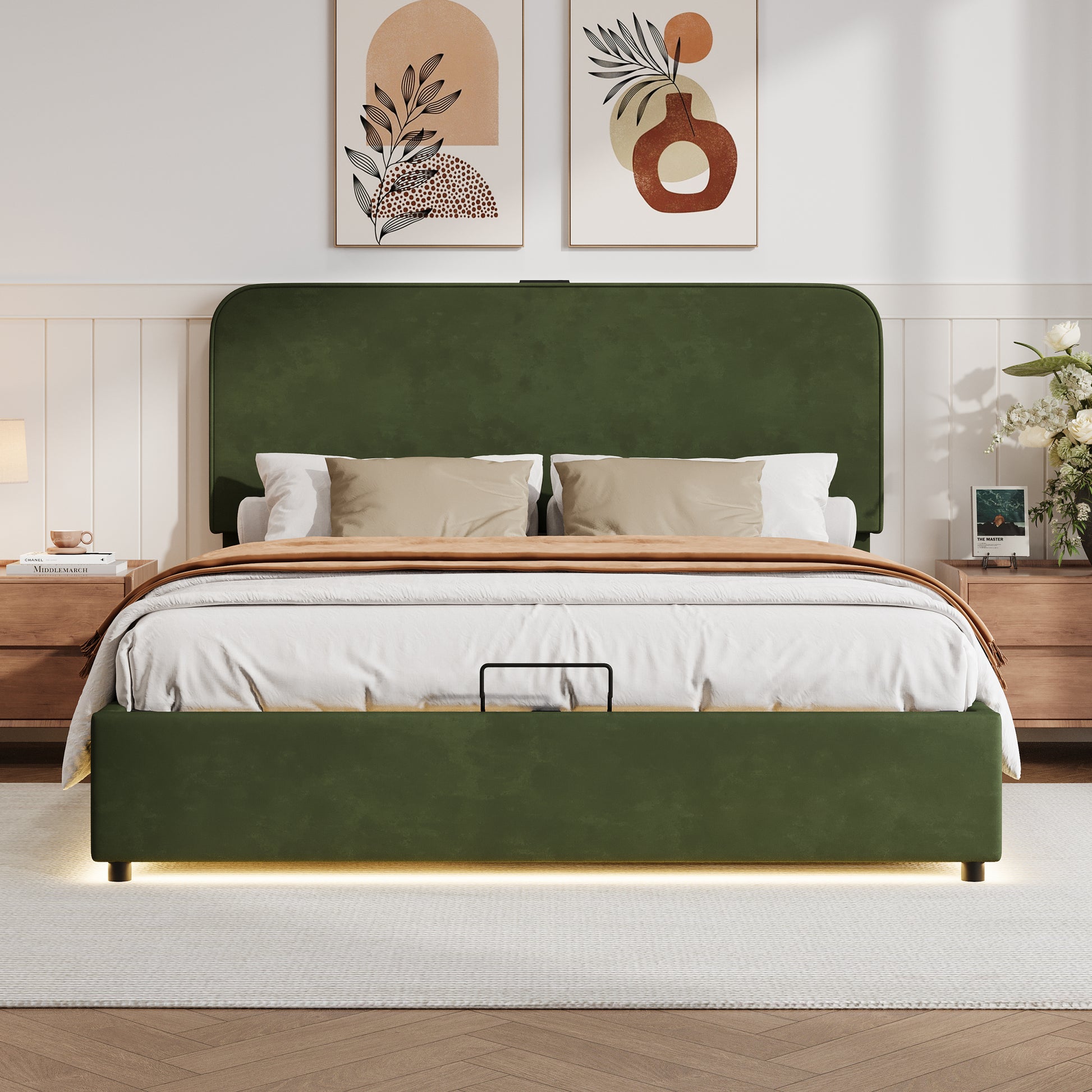 Upholstered Platform Full Size Hydraulic Storage Bed, Lift Up Storage Bed With Rgb Led Light, Bluetooth Speaker, No Box Spring Needed, Lychee Velvet, Green Full Green Velvet Fabric Metal