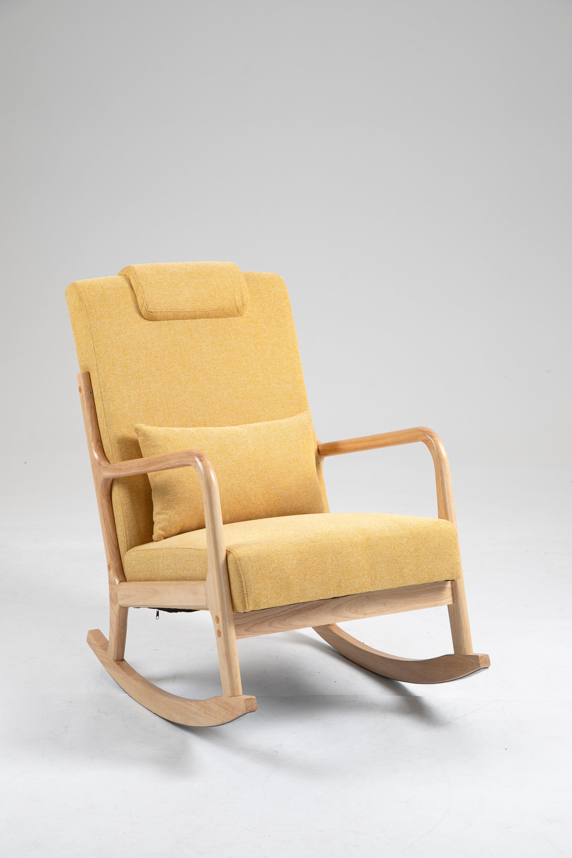 Rocking Chair Upholstered Fabric Rocking Armchair Indoor With High Backrest Glider Chairs And Lumbar Pillow For Living Room Yellow Linen