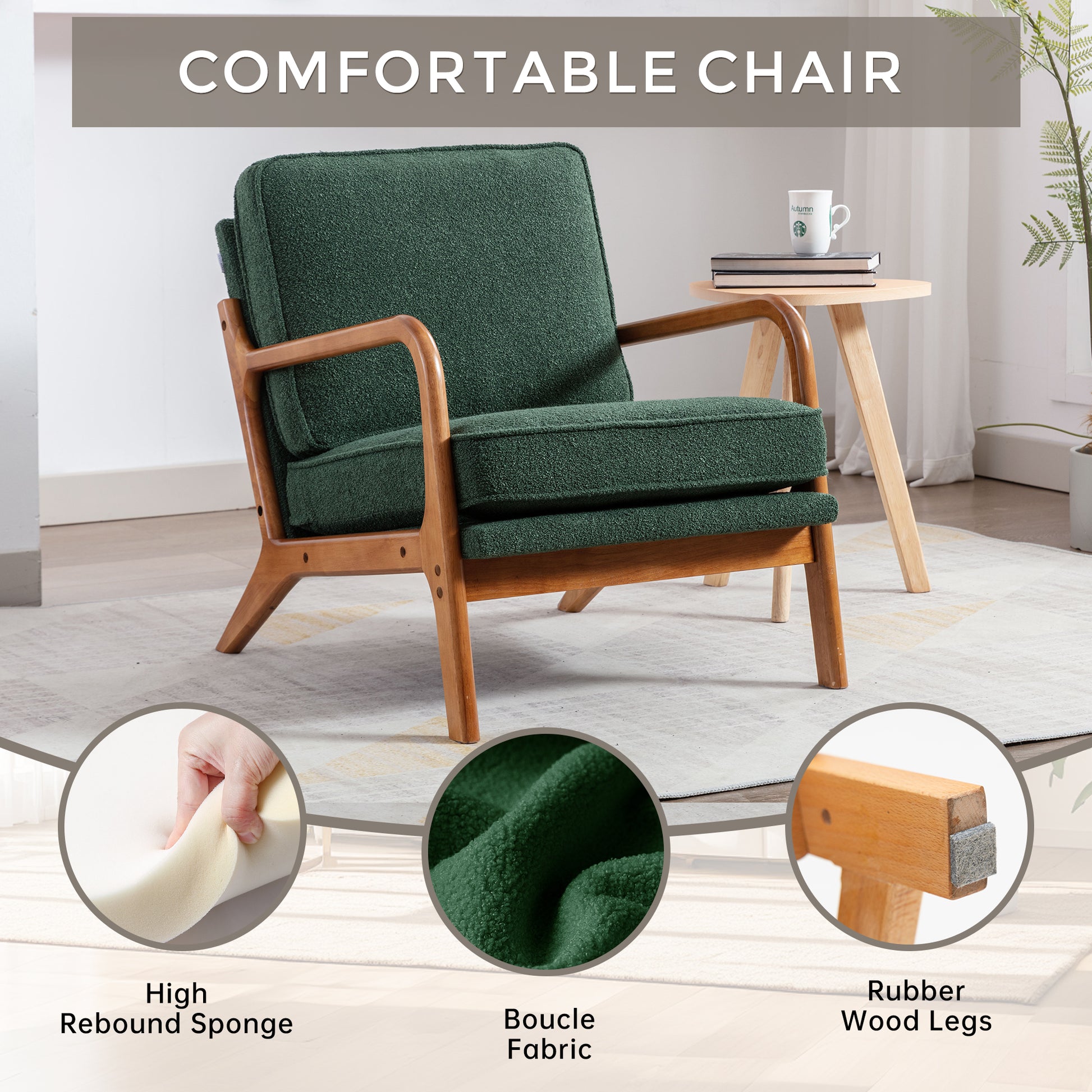 Coolmore Mid Century Modern Accent Chair, Comfy Fabric Living Room Chairs With Solid Wood Frame, Lounge Reading Armchair, Easy Assembly Emerald Emerald Primary Living Space Foam Boucle
