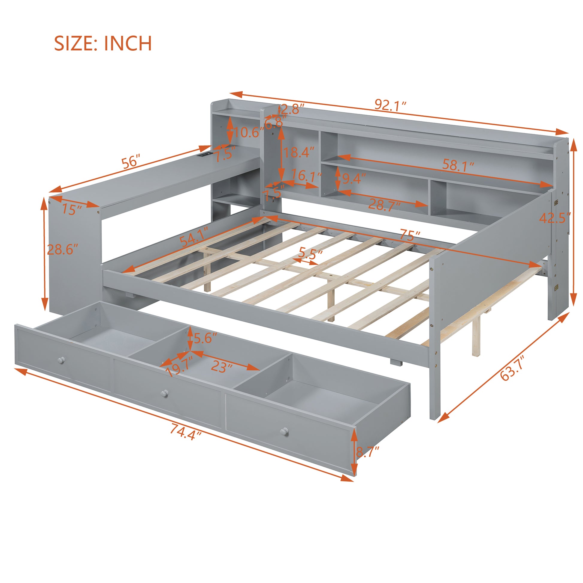 Full Size Wooden Daybed With 3 Drawers, Usb Ports And Deskgray Full Gray Wood