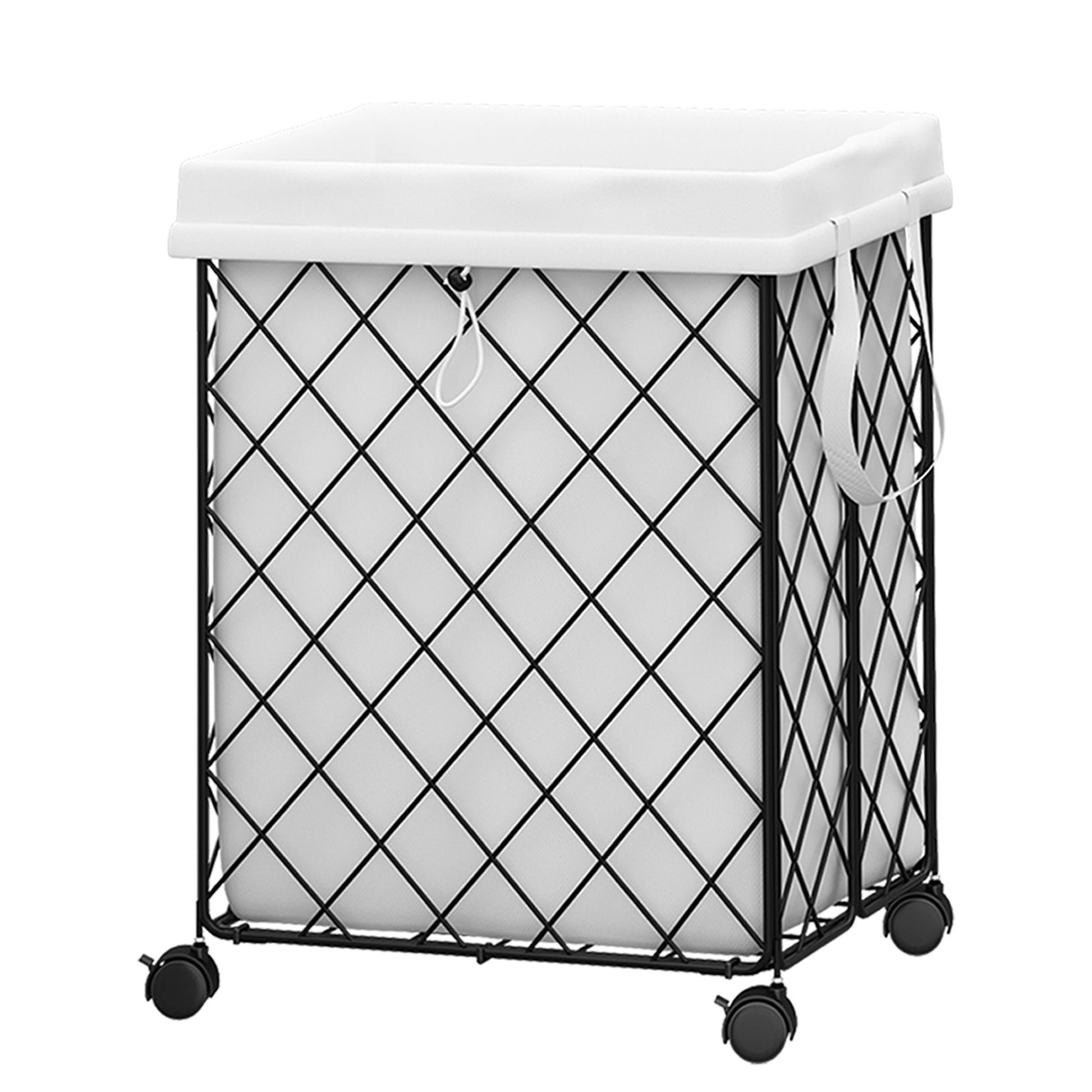 Laundry Basket With Wheels, Rolling Laundry Hamper, Detachable And Washable Lining, Metal Frame, Suitable For Bedrooms, Bathrooms, Laundry Rooms, White White Black 1 Foldable Freestanding Boho