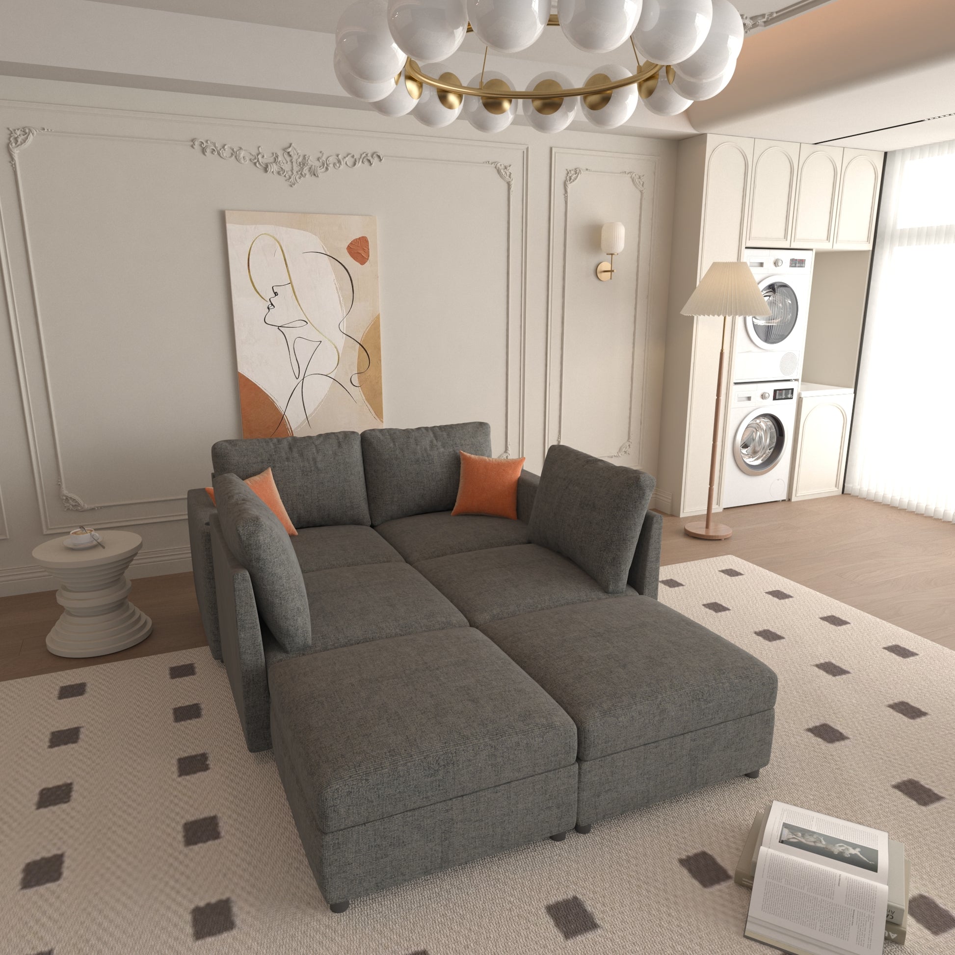 Modern Large Sectional Sofa, U Shape Modular Sectional Couch With Storage Function,123" Sofa Bed With Ottoman,6 Seat Sectionals Chaise For Living Room,Chenille Grey Fabric 6 Seat