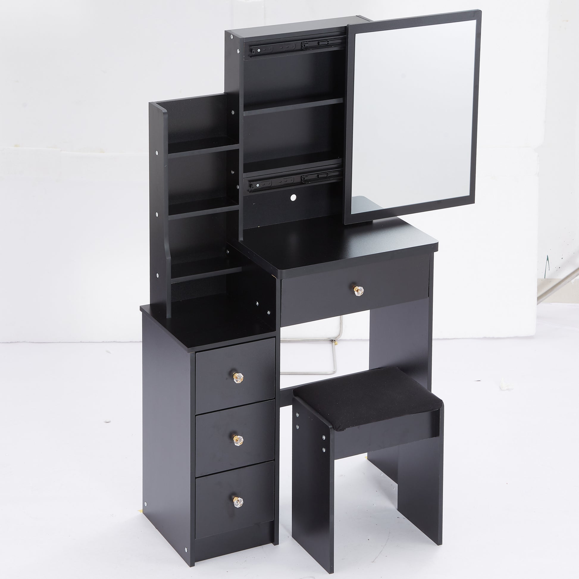 Small Size Left Bedside Cabinet Vanity Table Cushioned Stool, Extra Large Sliding Mirror, Multi Layer, High Capacity Storage Fashionable Dresser, Suitable For Small Space, Epa,Gcc,Ul Certificate