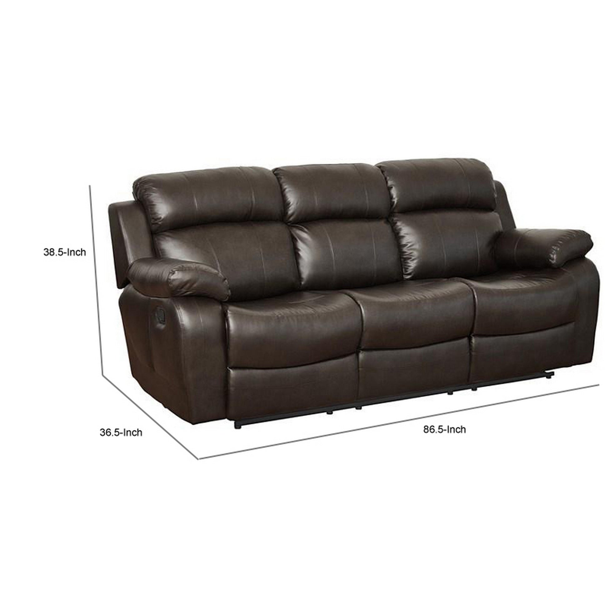 Leather Reclining Three Seater Sofa With Center Drop Down Cup Holder, Brown Brown Leather