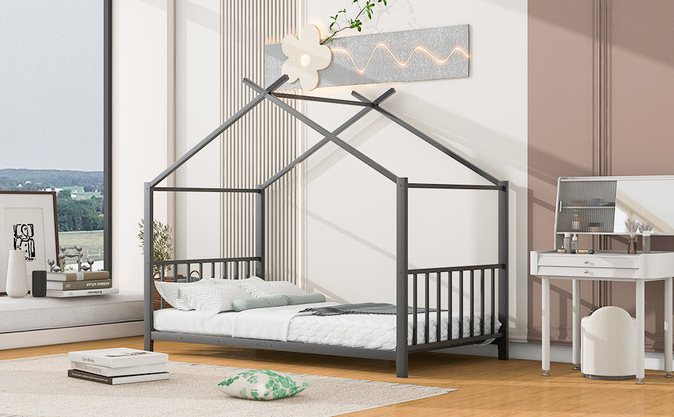 Twin Size Metal House Platform Bed, Black Box Spring Not Required Twin Black Metal Bedroom Bed Frame Metal