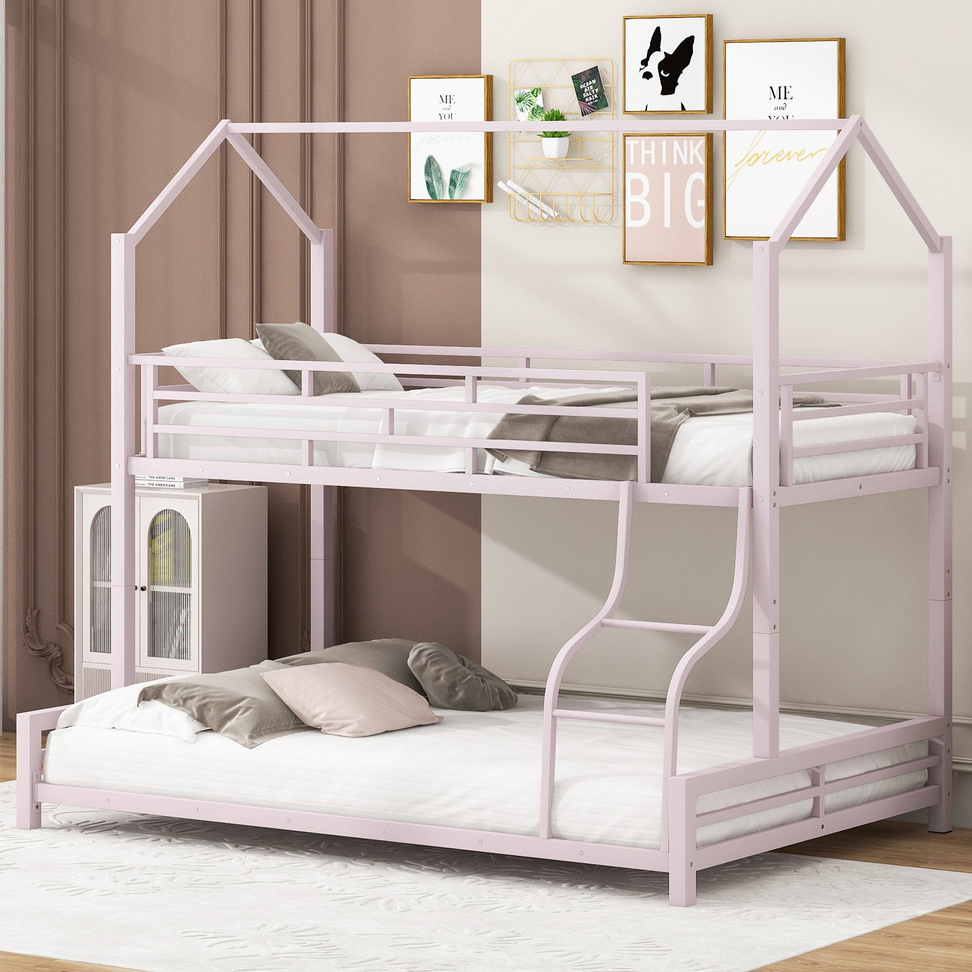 Metal House Bunk Bed, Twin Over Full, Pink Full Pink Metal