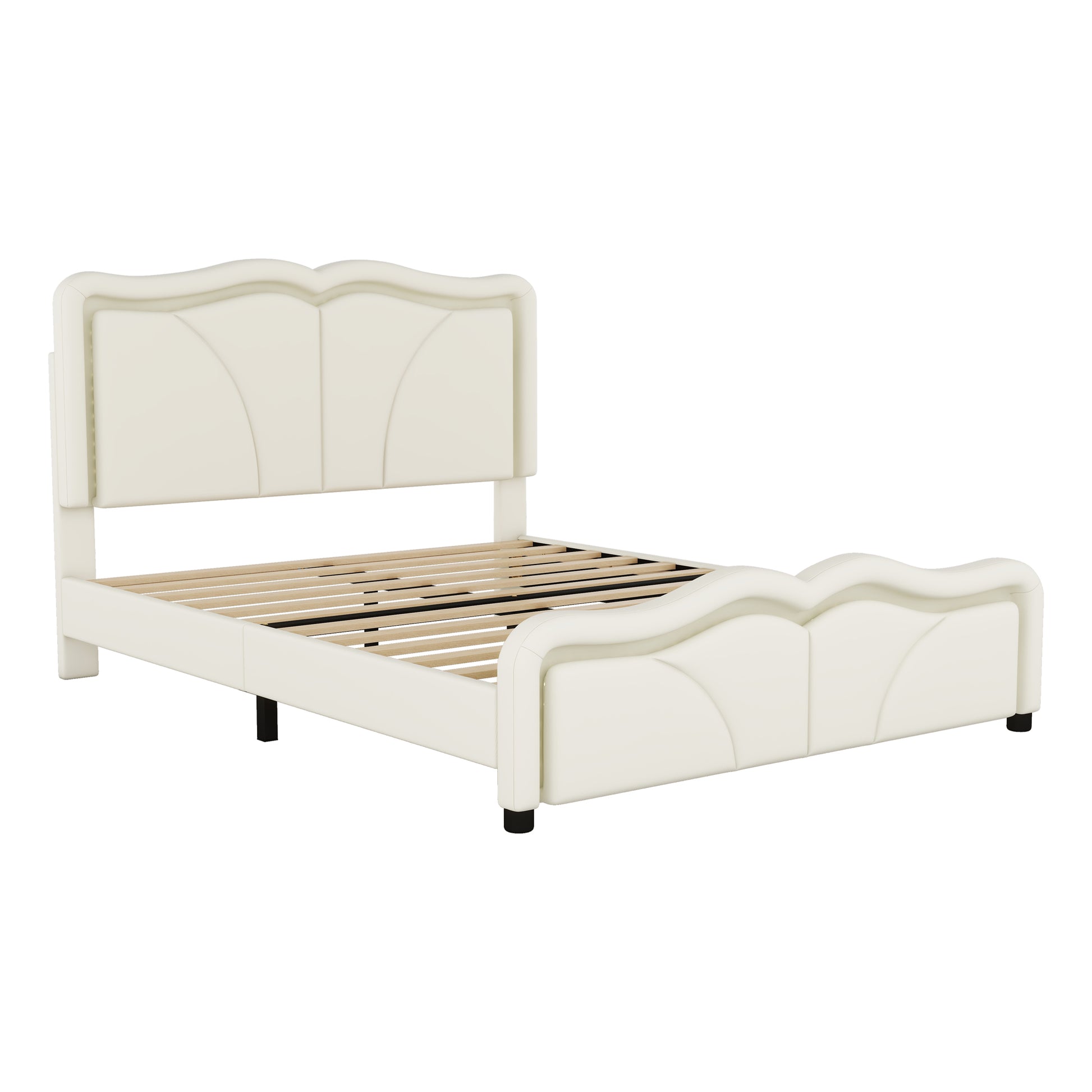 Full Size Upholstered Platform Bed With Curve Shaped And Height Adjustbale Headboard,Led Light Strips,White Full White Upholstered