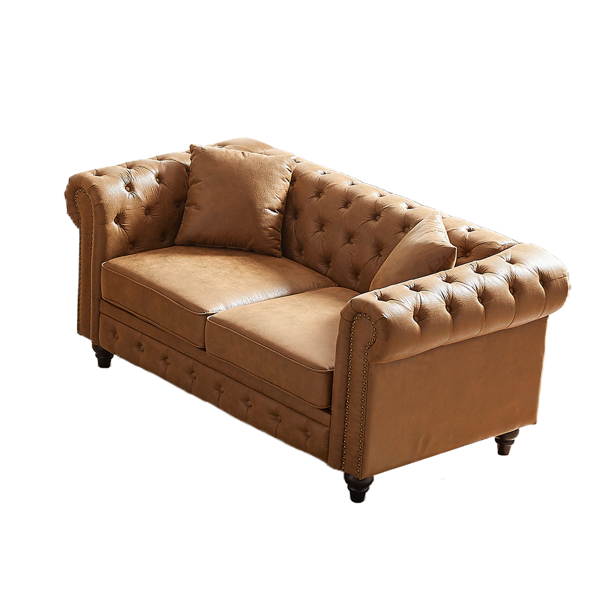 Fx 85.5"Living Room With Tech Fabric Chesterfield Sofa With Rolled Arms 3 Seater Sofa With Button Design And 2 Cushions For Apartment, Office, Living Room Brown Polyester Wood Primary Living Space Pine Foam Fabric 3 Seat