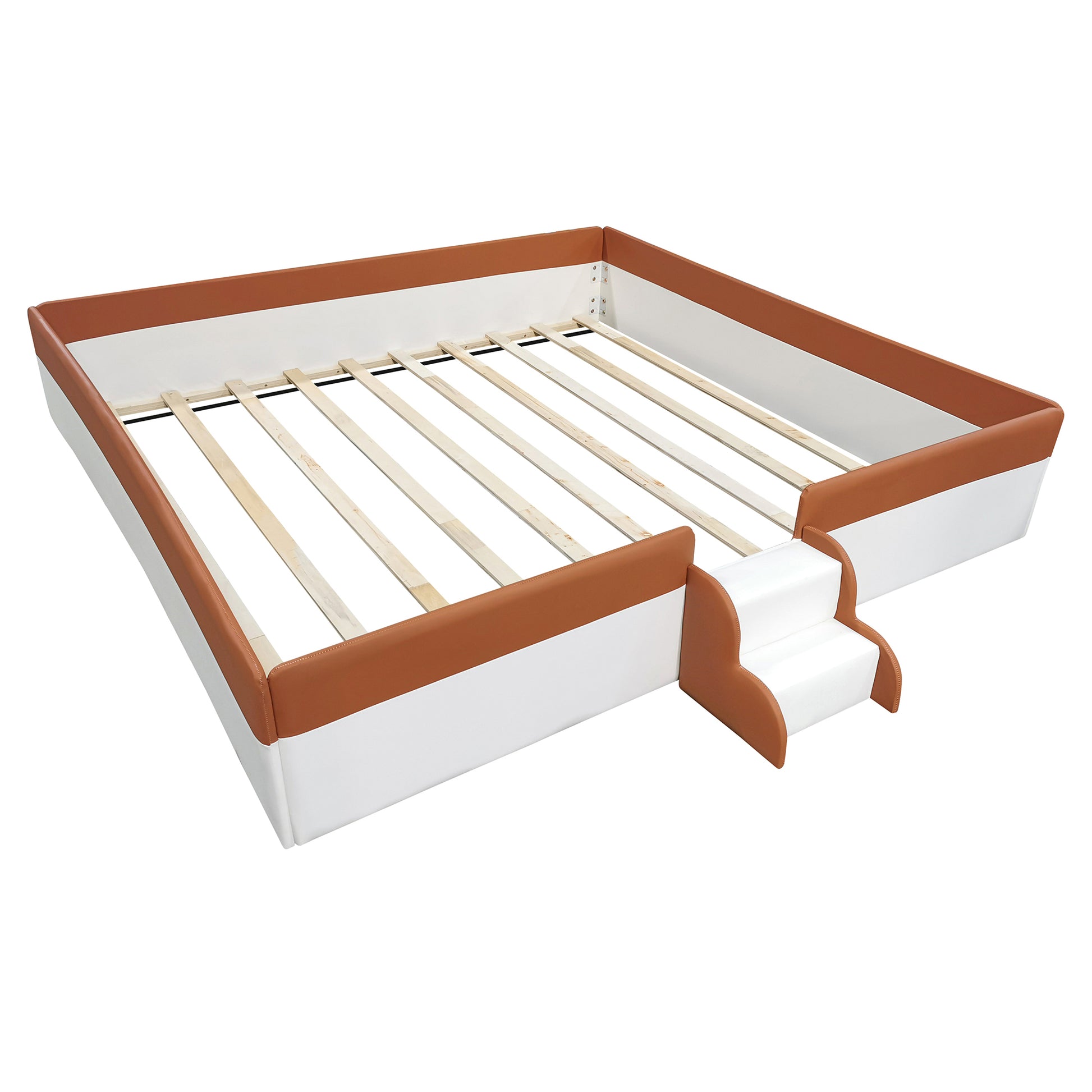 King Size Upholstered Daybed Frame With Fence And Stairs, Brown White King Brown White Mdf Lvl
