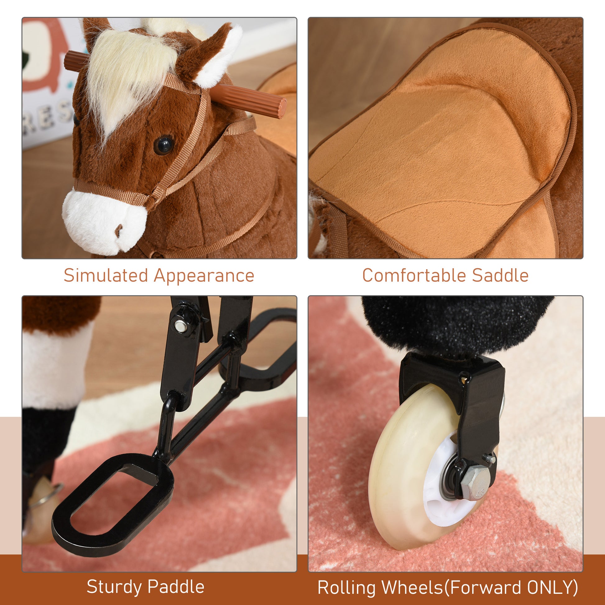 Qaba Kids Ride On Walking Horse With Easy Rolling Wheels, Soft Huggable Body, & A Large Size For Kids 5 16 Years Brown Plush