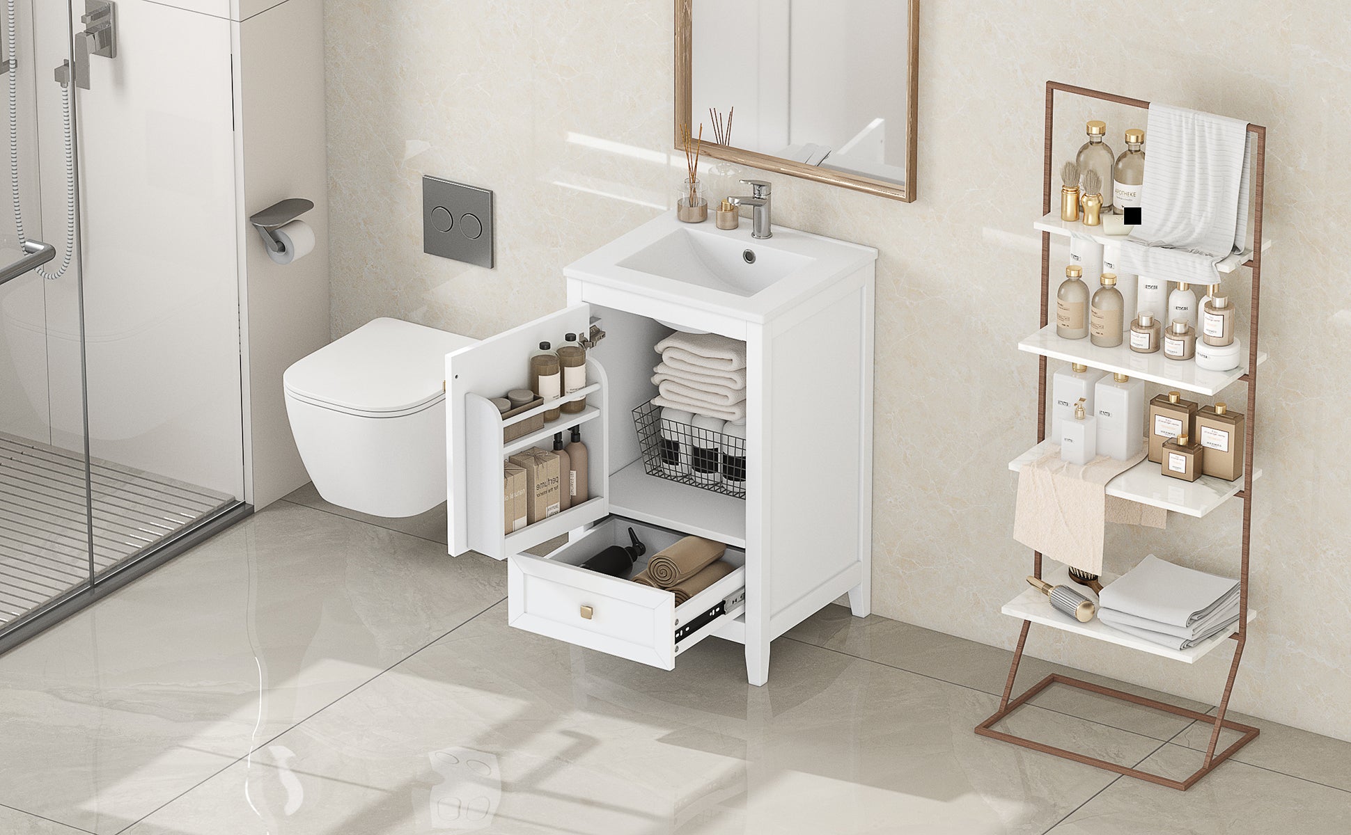 20" Bathroom Vanity With Sink, Bathroom Cabinet With Soft Closing Door, Storage Rack And A Drawer, White White Mdf