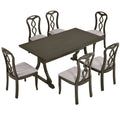 Retro 7 Piece Trestle Dining Table Set With Upholstered Dining Chairs, Smooth Dining Backs For Dining Room, Living Room, Kitchen, Gray Upholstered Chair Wood Gray Seats 6 Wood Dining Room Solid Wood Rubberwood Trestle Rectangular Foam Dining Table With