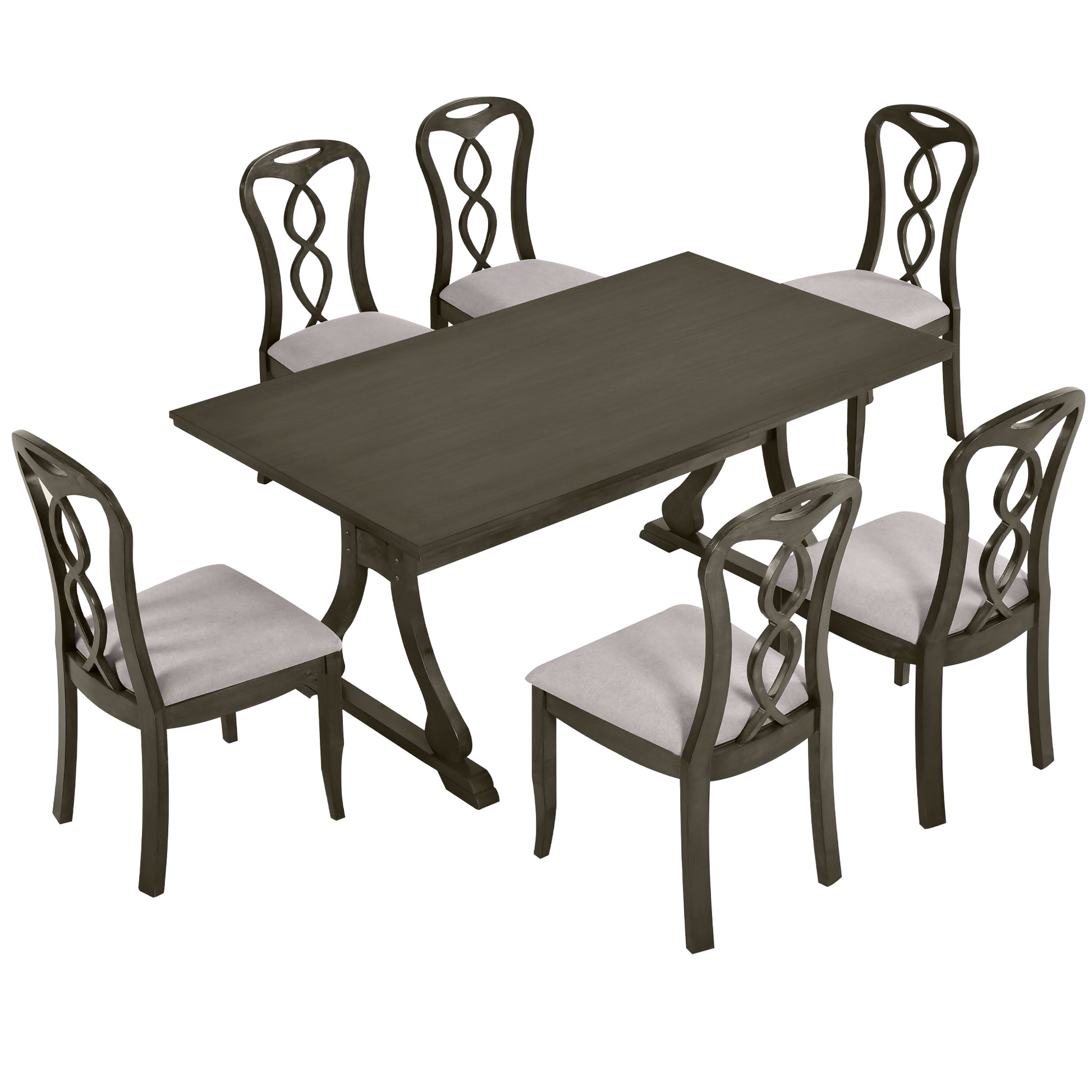 Retro 7 Piece Trestle Dining Table Set With Upholstered Dining Chairs, Smooth Dining Backs For Dining Room, Living Room, Kitchen, Gray Upholstered Chair Wood Gray Seats 6 Wood Dining Room Solid Wood Rubberwood Trestle Rectangular Foam Dining Table With