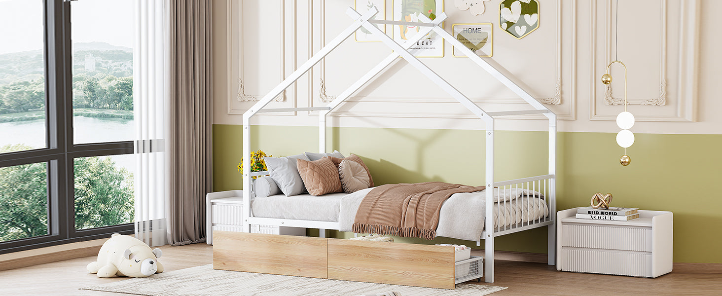 Twin Size Metal House Bed With Two Drawers, White Twin White Metal