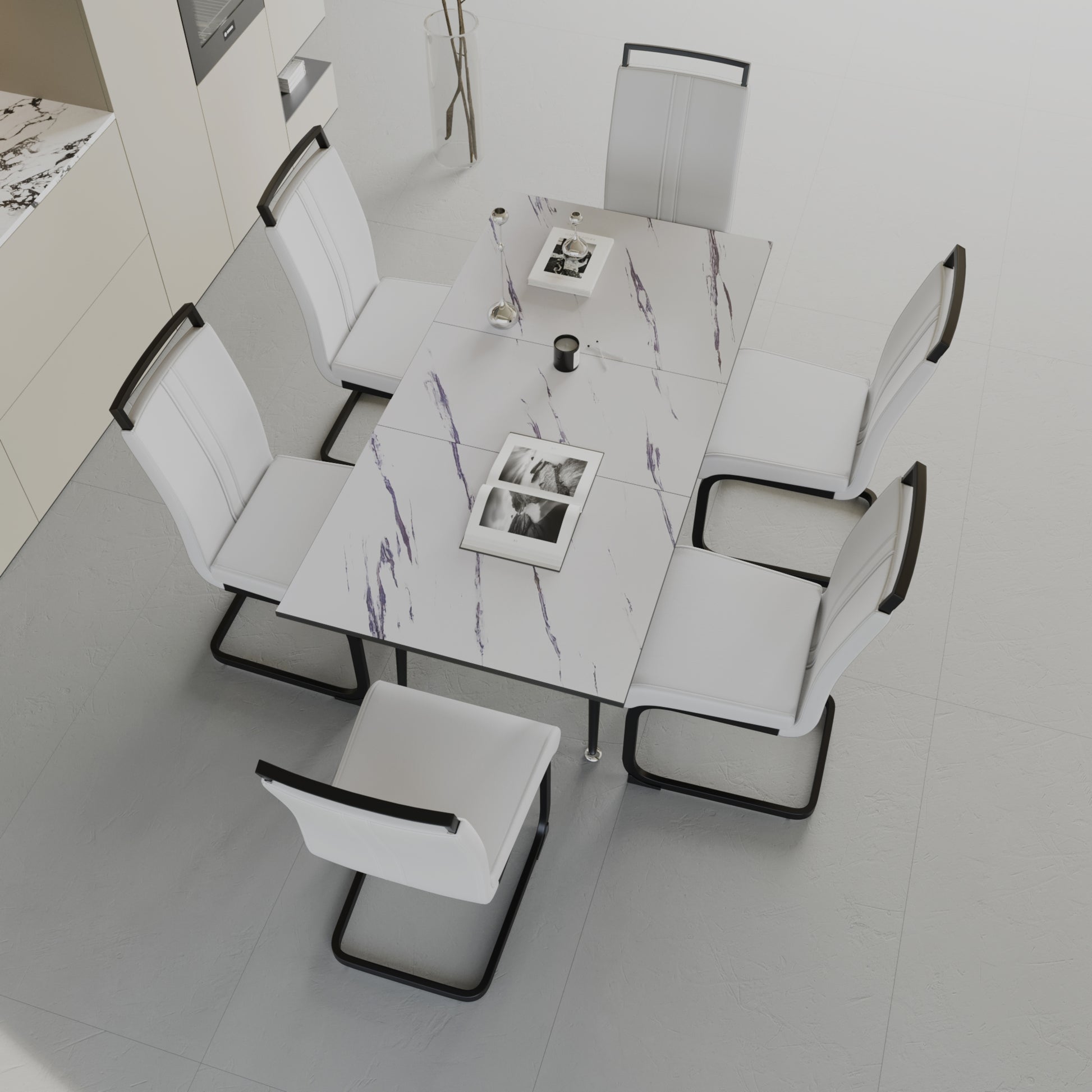 An Expandable Dining Table Set For 2 6 People, Equipped With A C Shaped Tubular Cushioned Armless Dining Chair And An Elegant And Spacious Dining Table Kitchen Table And Chair Set, With Metal Legs White Mdf