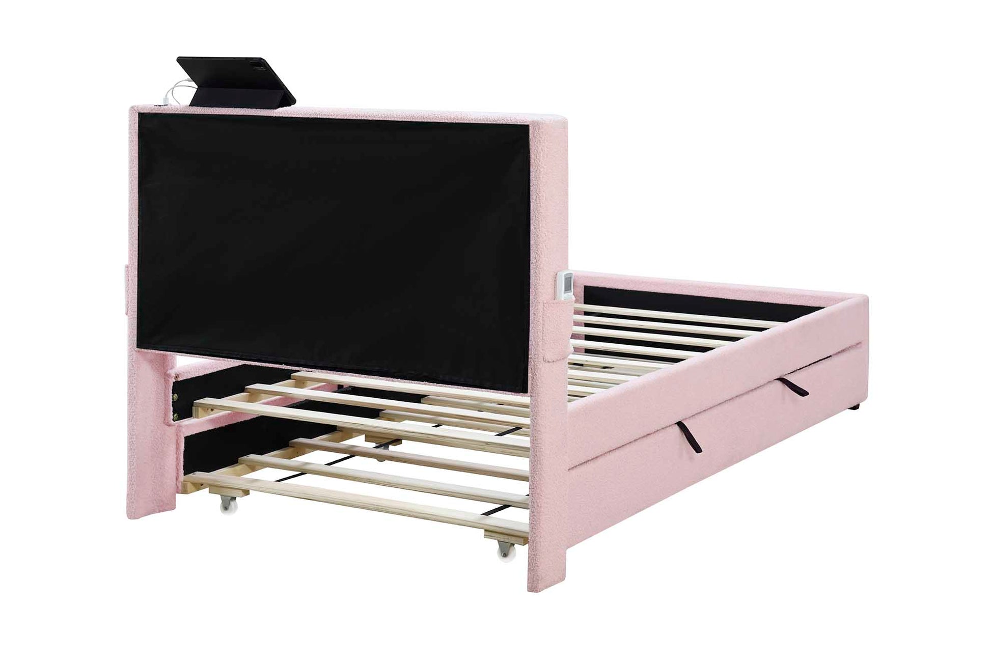 Pink Twin Size Upholstered Bed Frame With Trundle Bed, Teddy Fabric, Usb Functionality, And A Pocket Design On The Side Of The Headboard For Storing Small Items. Pink Is A Girl'S First Choice Box Spring Not Required Twin Baby Pink Wood Espresso Bedroom