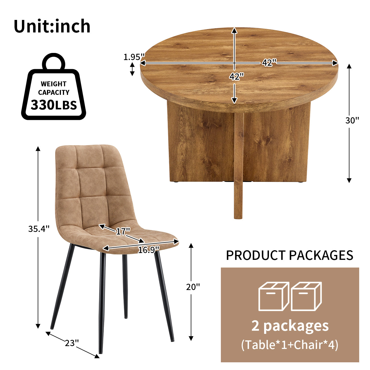 5 Piece Round Dining Table Set, Modern Round Table And 4 Upholstered Chairs For Dining Room, Kitchen Room, Living Room, Easy Assembly Metal Brown Black Dining Room 42 Inches Farmhouse,Mid Century Modern,Modern Round Round Mdf Dining Table With Chair Mdf