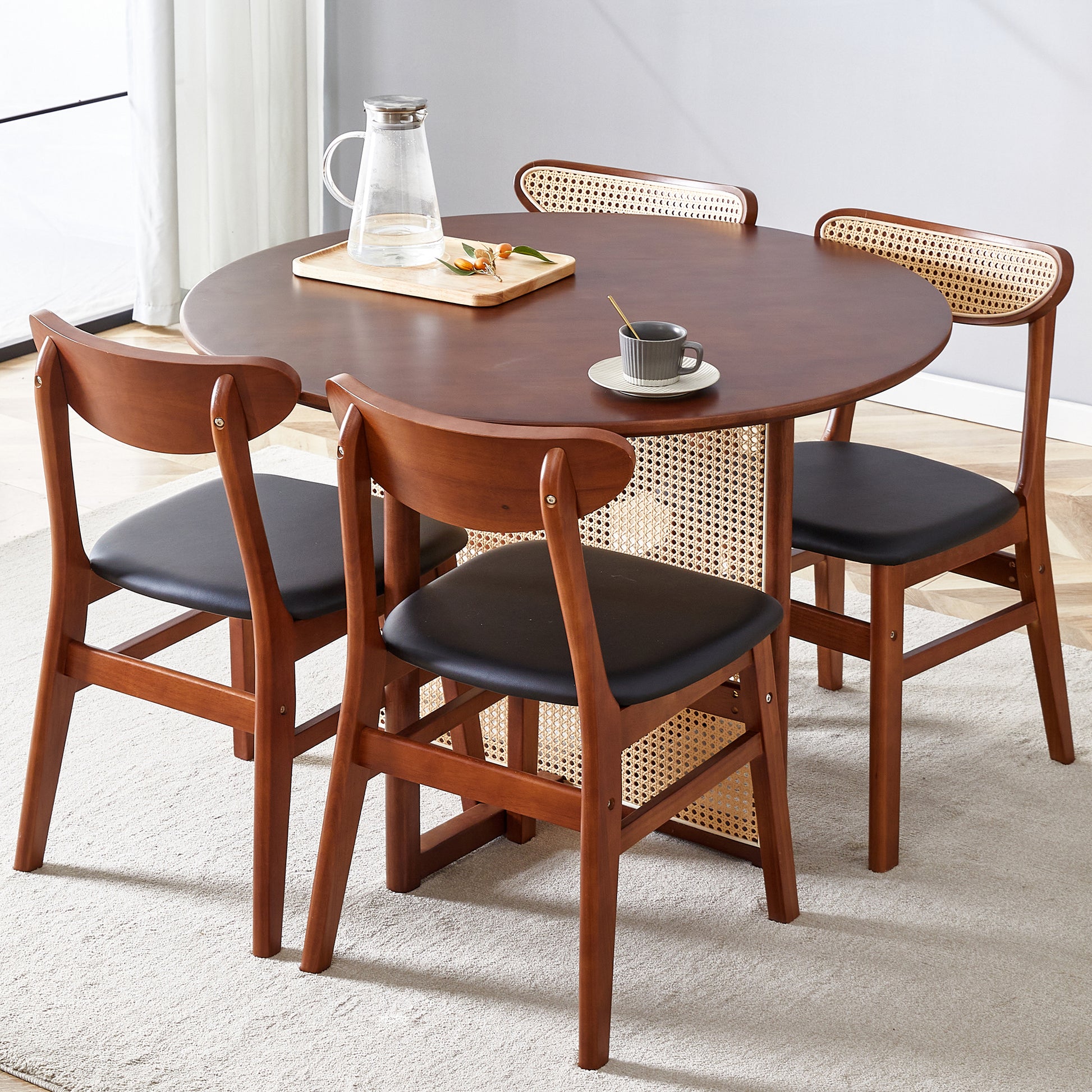 Table And Chair Set, Ancient Style Solid Wood Dining Table, Imitation Rattan Table Legs, Beautiful Simple Solid Wood Dining Chair, Perfect For Dinner, Meetings, Home And Office Decoration Walnut Rubber Wood