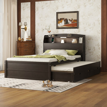 Full Size Wooden Led Platform Bed With Trundle, With Storage Headboard, With Drawers, Brown Full Brown Plywood
