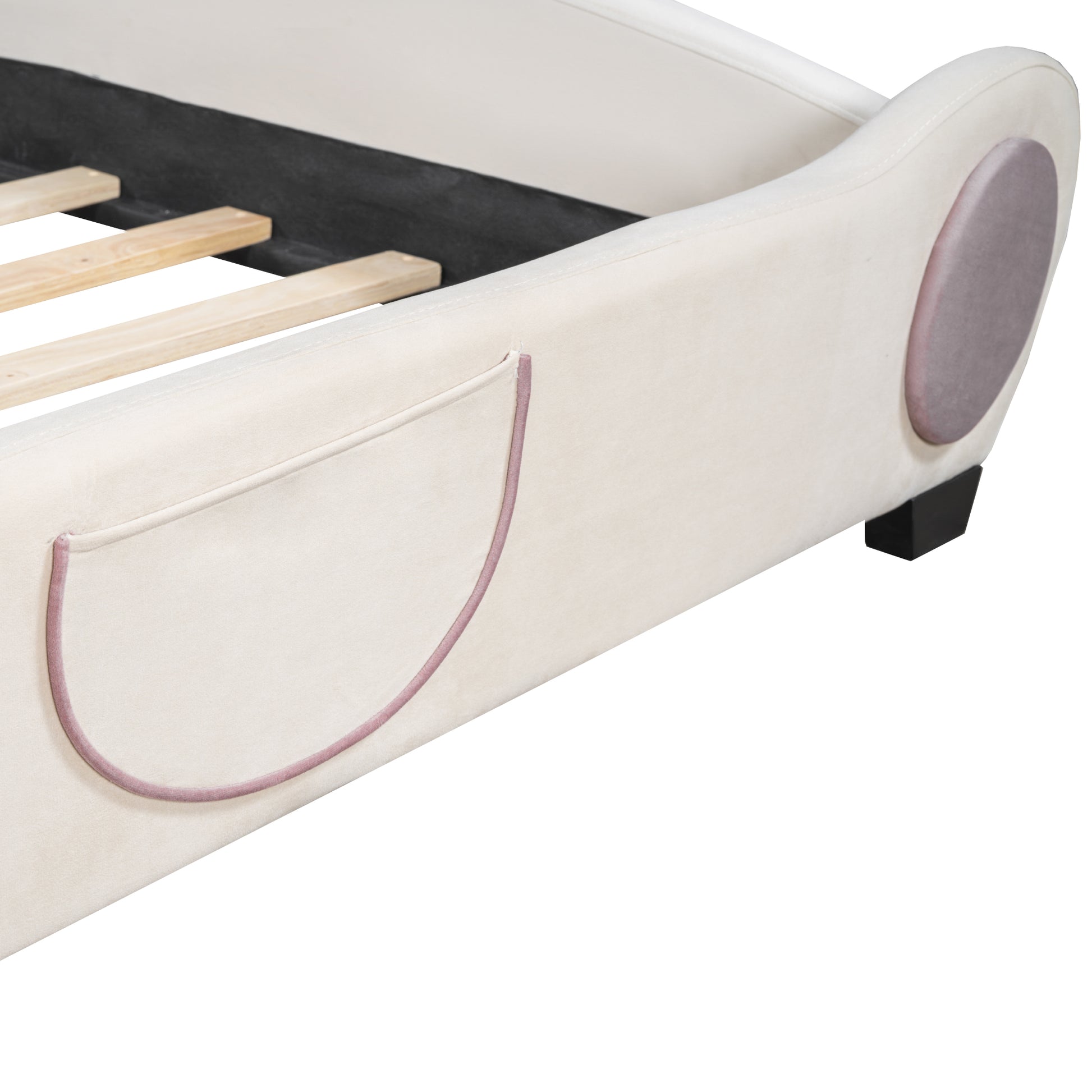 Full Size Velvet Platform Bed With Bear Shaped Headboard, With Bed End Storage Pocket, Beige Full Beige Plywood