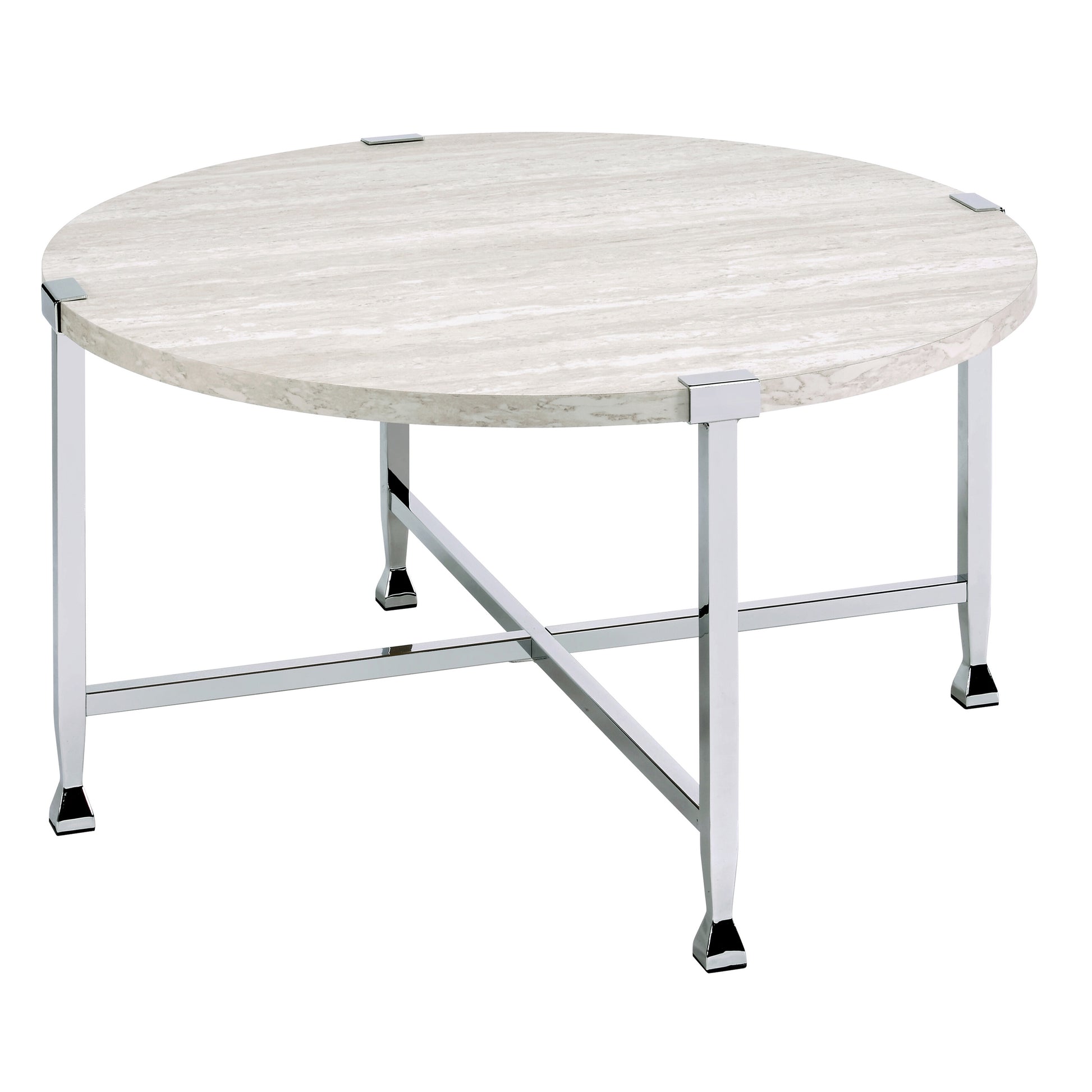 White Oak And Chrome Round Coffee Table Oak Silver Primary Living Space Industrial Round Wood Metal
