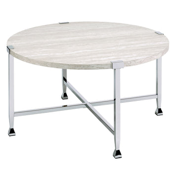 White Oak And Chrome Round Coffee Table Oak Silver Primary Living Space Industrial Round Wood Metal