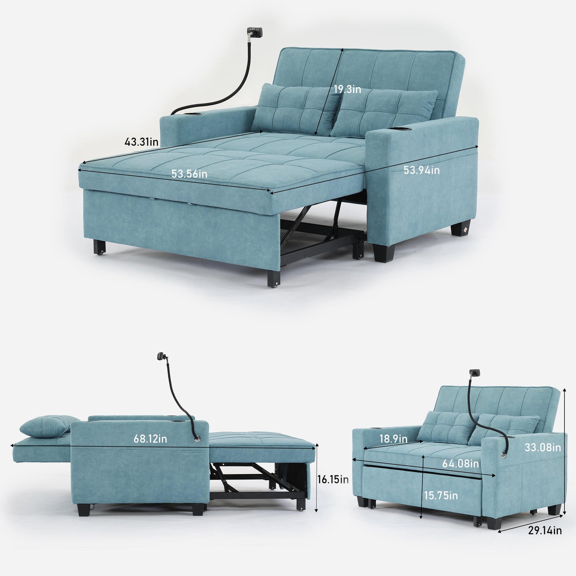 Futon Chair Bed Convertible Chair 3 In 1 Pull Out Sleeper Chair Beds With Usb Ports,Wear Resistant And Anti Scratch, Armchair Bed Sleeper For Living Room Green Tech Cloth Green Foam Tech Cloth 2 Seat