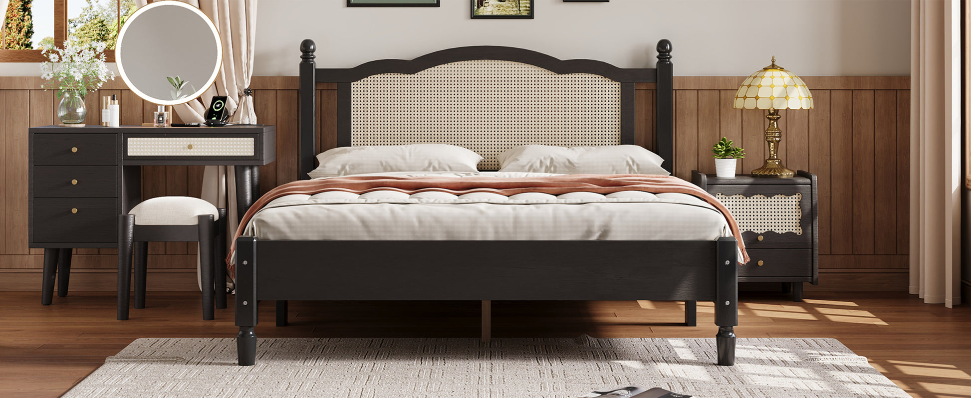 Queen Size Wooden Platform Bed With Natural Rattan Headboard, Vintage Bed Frame With Wooden Slat Support, Black Box Spring Not Required Queen Black Wood