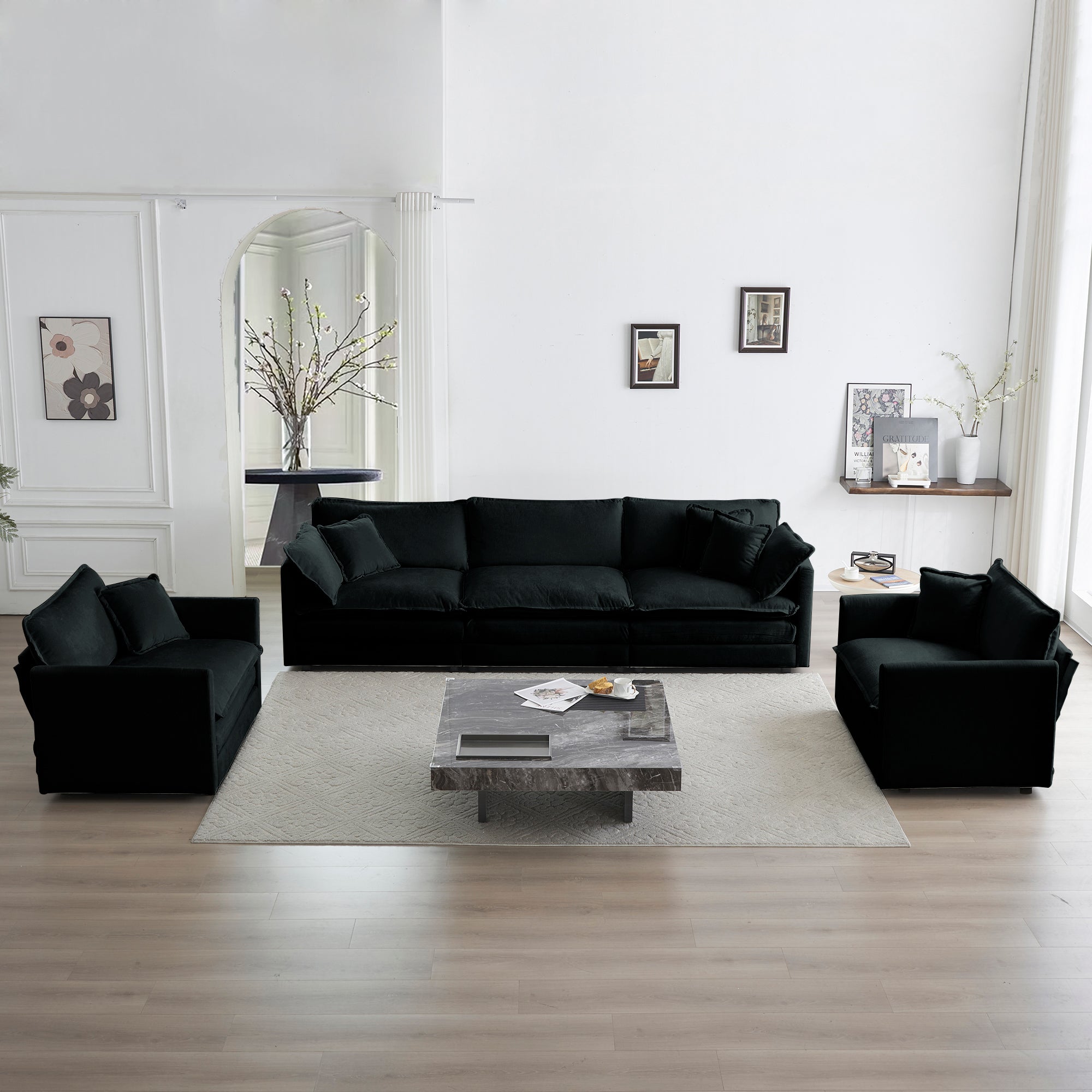Sofa Set Of 3, 1 1 3 Seats Living Room Sofa Set, Accent Chair, Loveseat, And Three Seat Sofa Modern Style Round Arms 3 Piece Sofa Set, Black Chenille Black Chenille 5 Seat