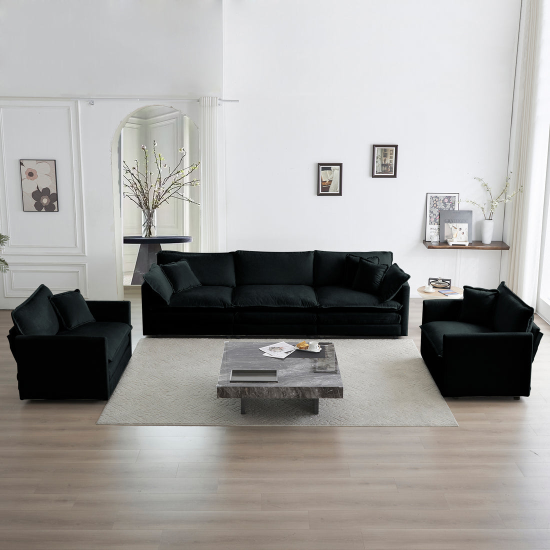 Sofa Set Of 3, 1 1 3 Seats Living Room Sofa Set, Accent Chair, Loveseat, And Three Seat Sofa Modern Style Round Arms 3 Piece Sofa Set, Black Chenille Black Chenille 5 Seat