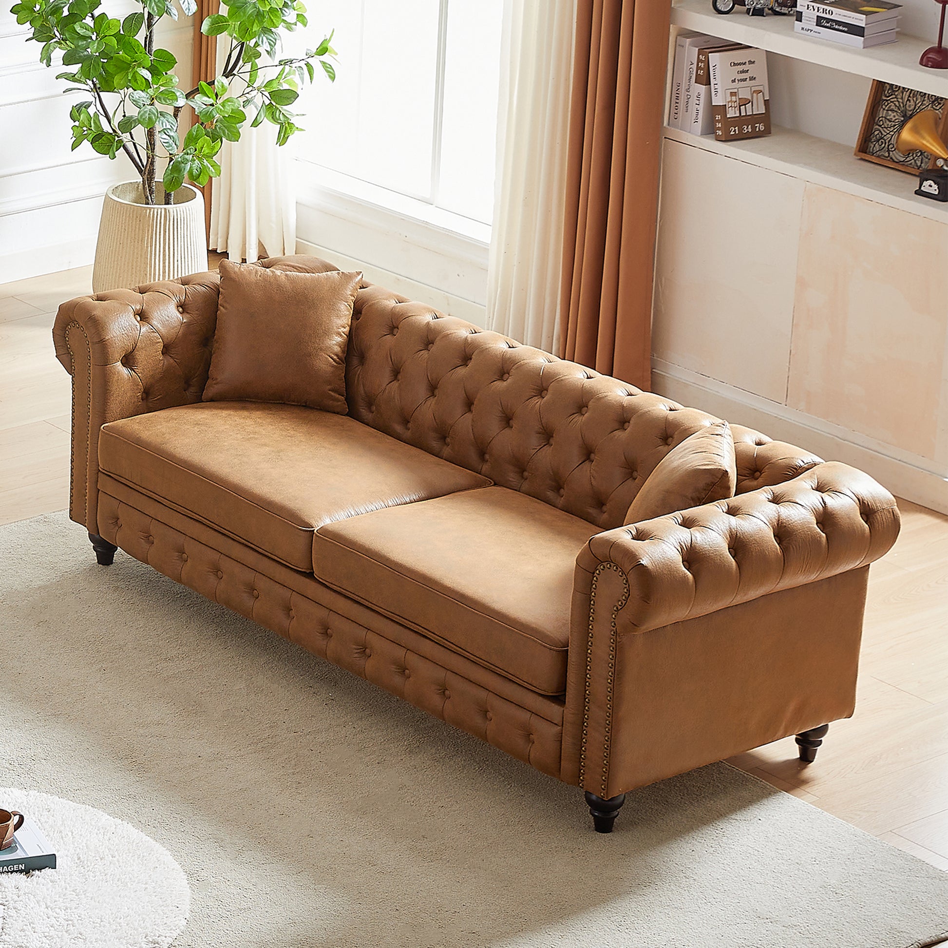 Fx 85.5"Living Room With Tech Fabric Chesterfield Sofa With Rolled Arms 3 Seater Sofa With Button Design And 2 Cushions For Apartment, Office, Living Room Brown Polyester Wood Primary Living Space Pine Foam Fabric 3 Seat
