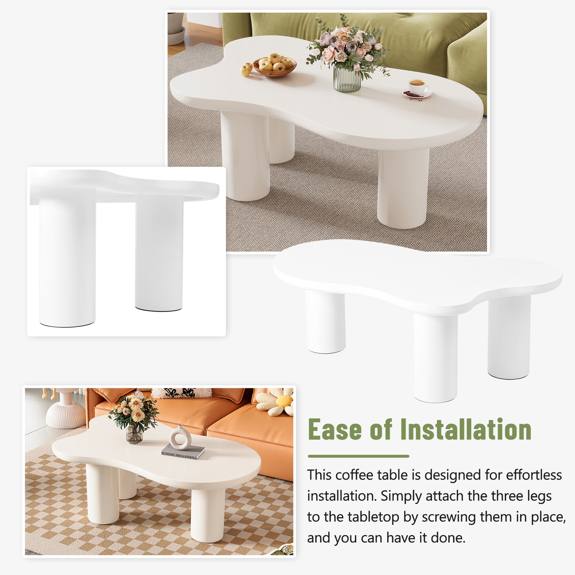 44'' X 25.9'' Easy Assembly Cloud Coffee Table With 1.5'' Thick Tabletop, Cream Style Irregular End Table With 3 Sturdy Legs, Sleek Center Table With Round Edge For Living Room, White White Mdf