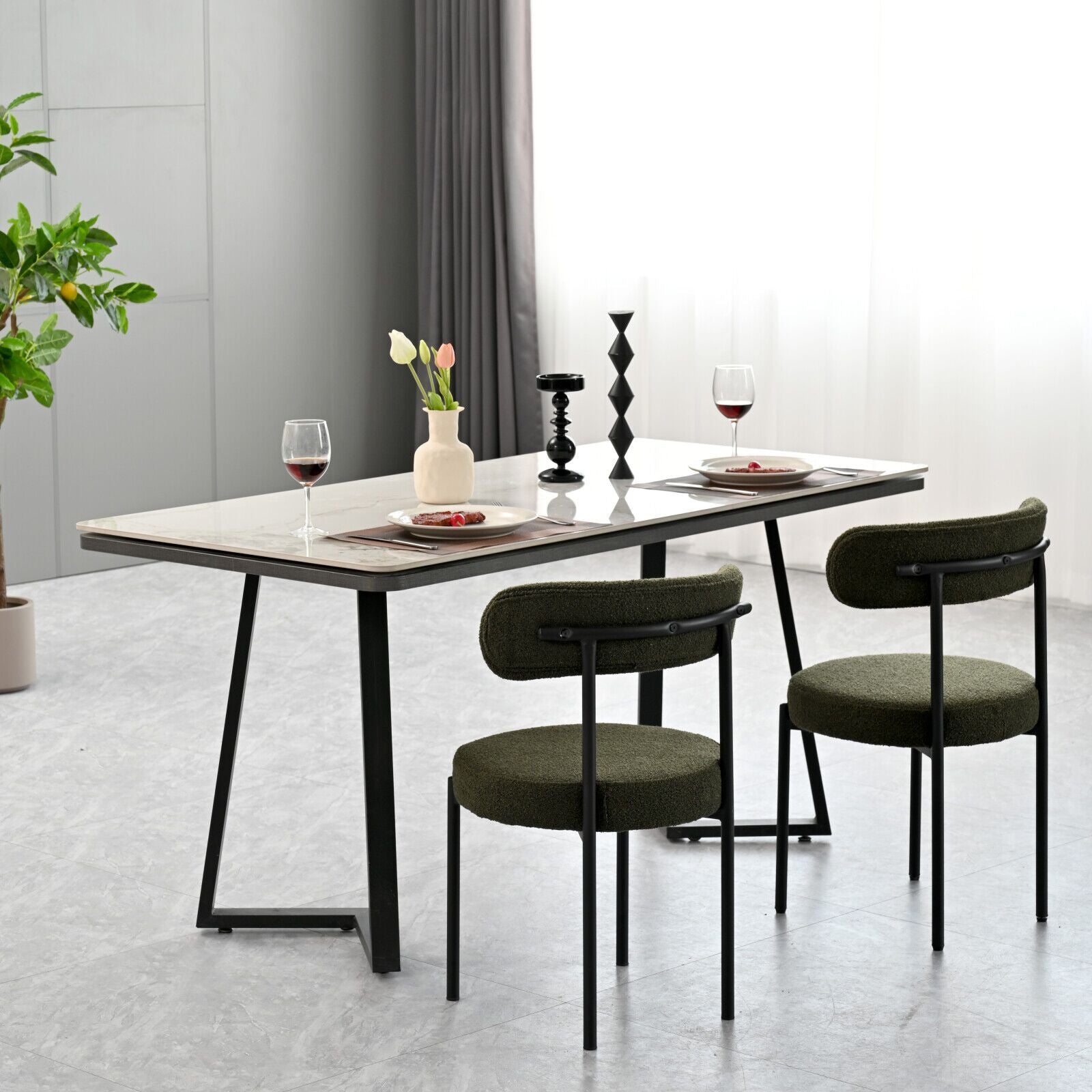 Green Boucle Dining Chairs Set Of 2,Mid Century Modern Curved Backrest Chair,Round Upholstered Kitchen Chairs Metal Green Dining Room Round Modern Dining Chairs Velvet