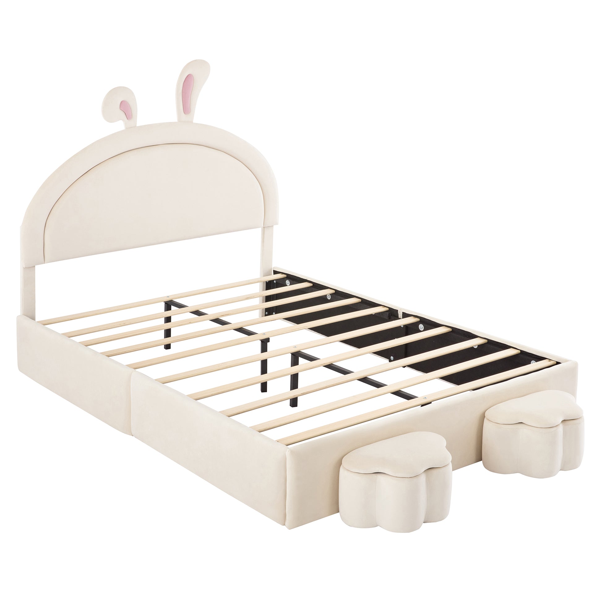 Full Size Upholstered Rabbit Shape Bed With 2 Storage Stools, Velvet Platform Bed With Cartoon Ears Shaped Headboard, White Full White Wood