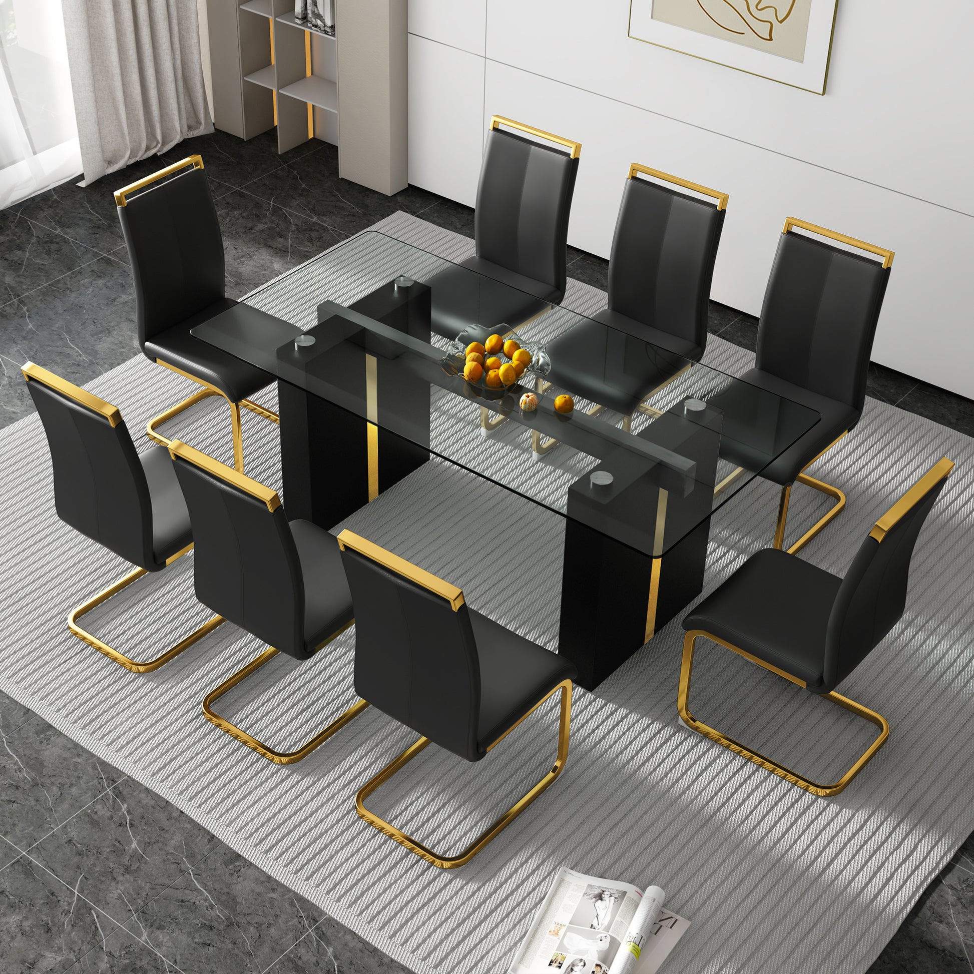 Table And Chair Set, Large Modern Minimalist Rectangular Glass Table, Can Accommodate 6 8 People, Equipped With Tempered Glass Tabletop And Large Mdf Table Legs, Comfortable And Minimalist Chairs. Transparent Mdf Glass
