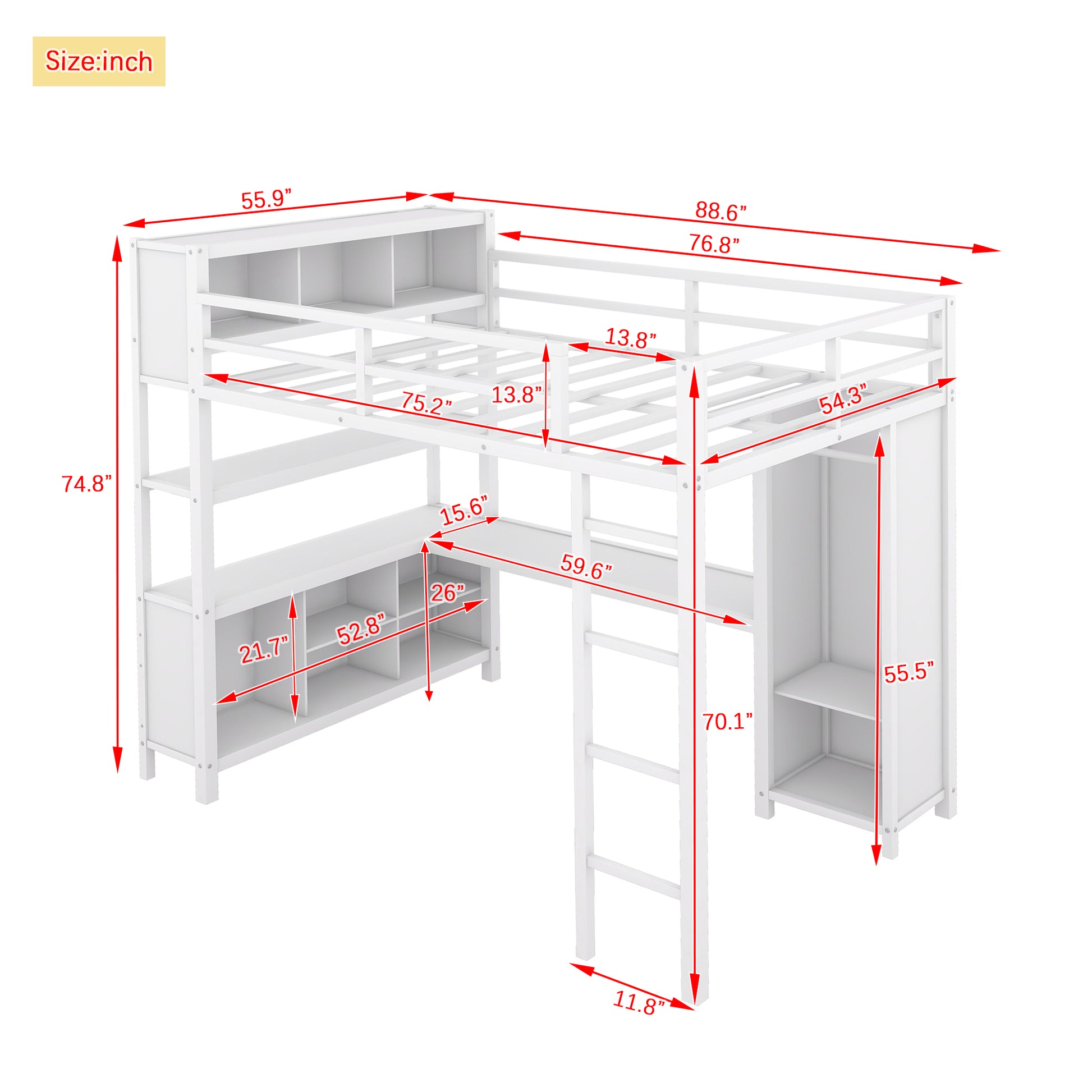 Metal Loft Bed With Wardrobe And L Shaped Desk, Full Size Loft Bed With Storage Cubes And Shelves, Heavy Duty Loft Bed For Kids Teens Adults, White Pre Sale Date: August 10Th Full Off White Metal