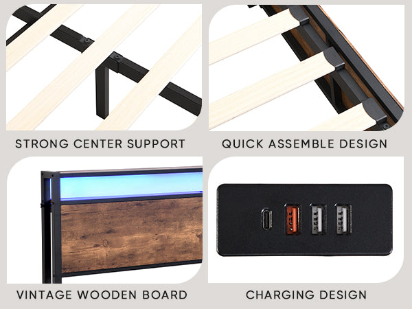 Lift Up Storage Bed Frame, Queen Size Bed Frame With Bookcase Headboard & Led Lights, Wooden Platform Bed Frame With Charging Station, No Spring Box Needed, Rustic Brown Box Spring Not Required Queen Rustic Brown Metal Brown Bedroom Industrial Bed Frame