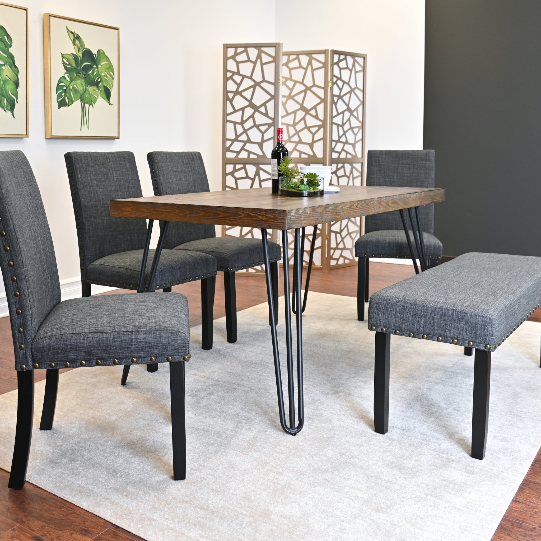 Amisos 6 Piece Dining Set, Hairpin Dining Table With 4 Chairs And Upholstery Bench, 3 Color Options Wood Brown Seats 6 Brown Metal Dining Room Fixed Table Rubberwood Rectangular 4 Leg Rectangular Dining Table With Chair And Bench Mdf