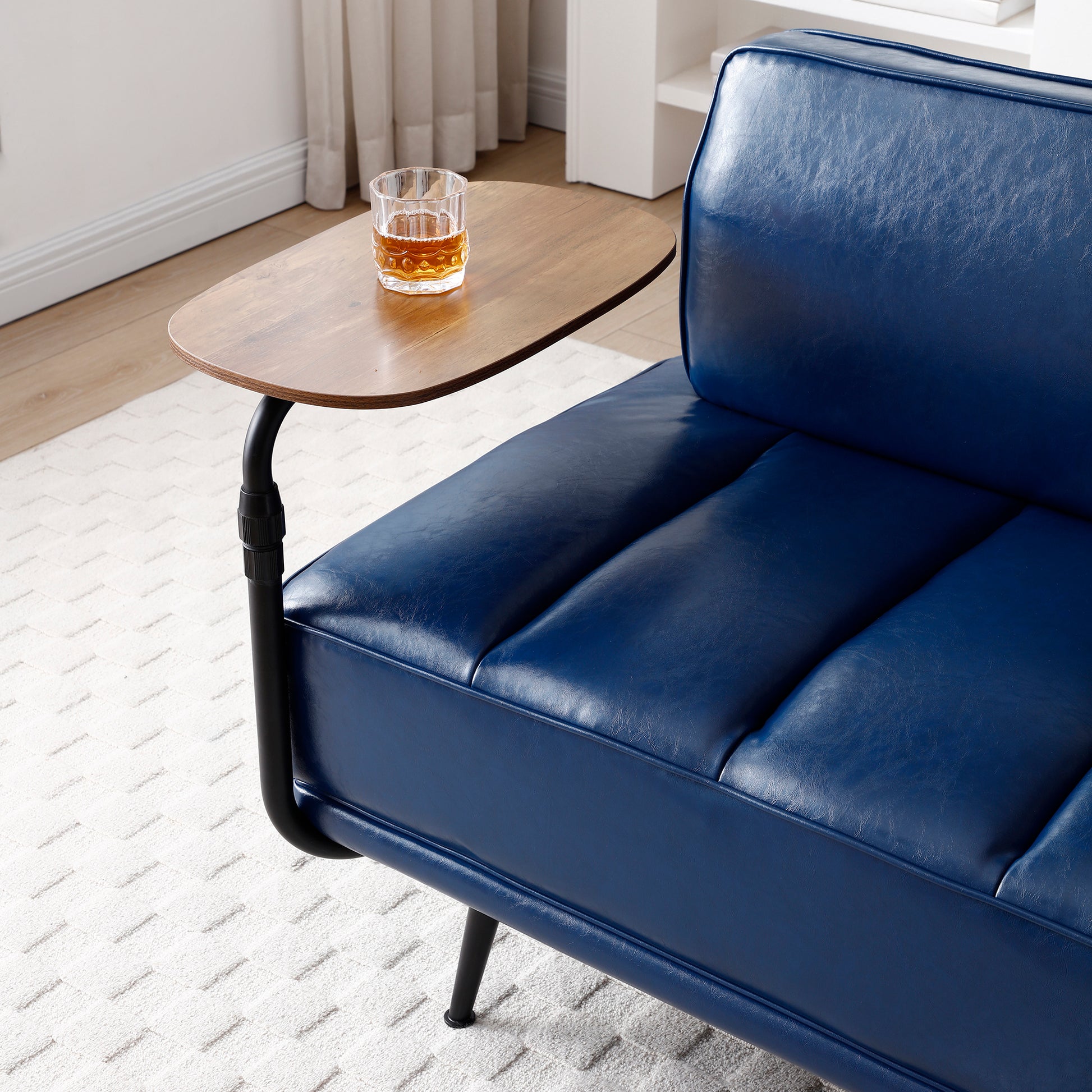 55"Inch Width Modern End Of Bed Bench,Blue Faux Leather Upholstered With Side Table, 360 Degree Swivel Tray Couch,Entryway Ottoman,Window Bench With Metal Legs For Bedroom, Living Room Blue Faux Leather Wood Primary Living Space Modern Foam Pu Leather 2