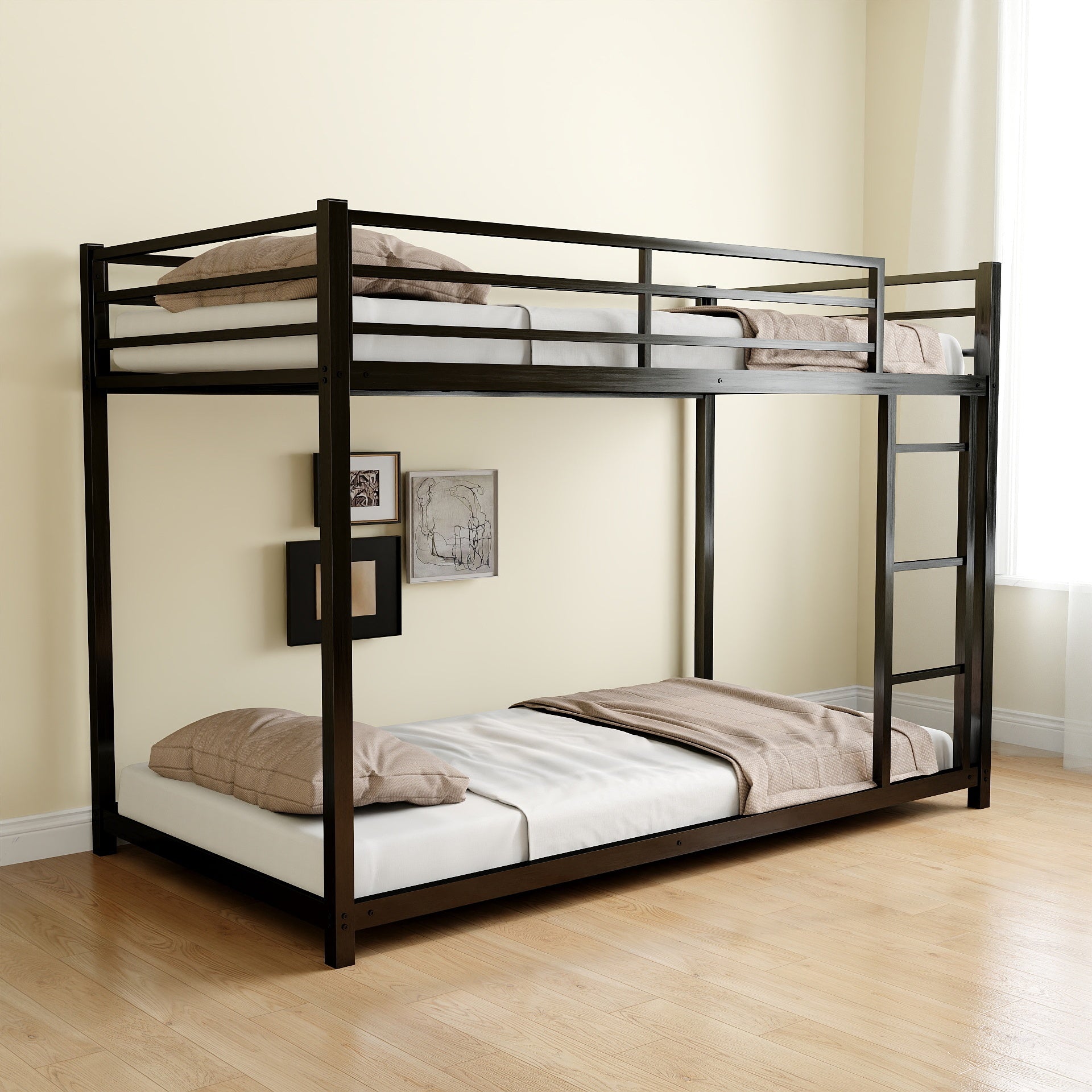 Metal Twin Over Full Bunk Bed Heavy Duty Sturdy Metal Noise Reduced Safety Guardrail No Box Spring Needed,Black Twin Black Metal Metal
