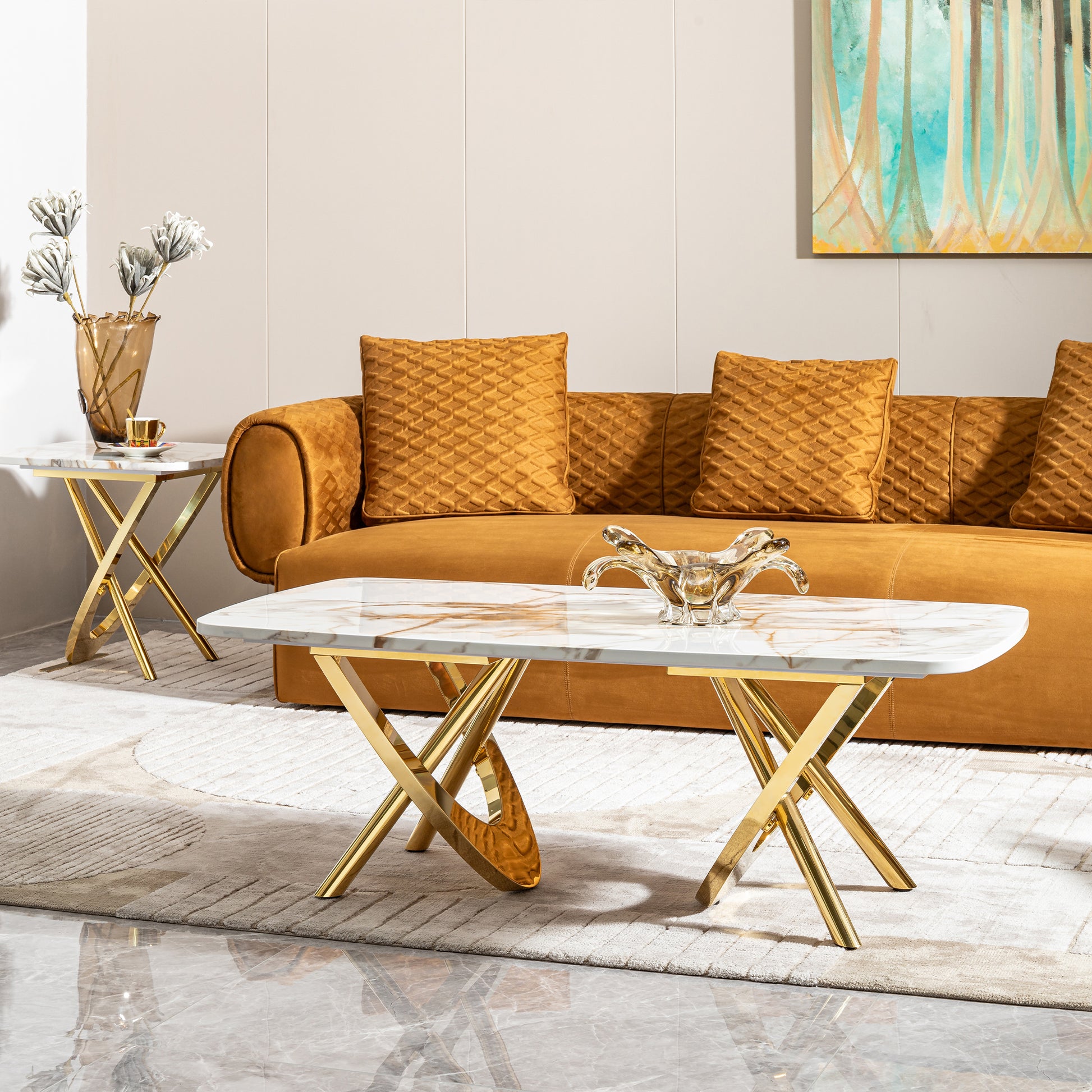 Gold Stainless Steel Marble Pattern Coffee Table 50.78" L X 27.16" W X 18.11" H For Living Room & Office Gold Modern Coffee & End Tables Rectangular Stainless Steel